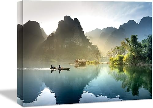 Miniatura 10 de Looife Lienzo decorativo para pared, 24 x 16 pulgadas, arroyo de montaña con árboles, decoración de pared para sala de estar y dormitorio, pintura