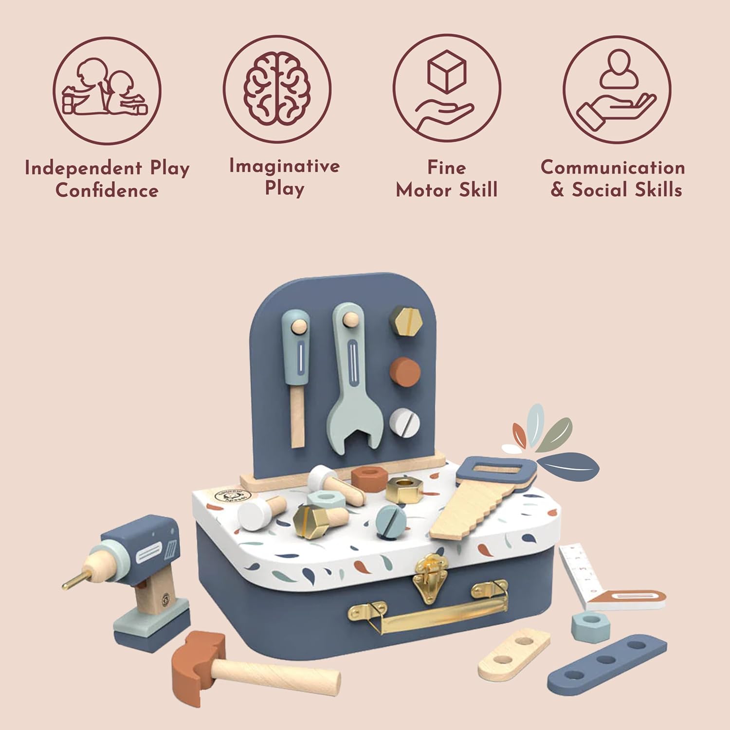 SPEEDY MONKEY Tools Suitcase for Kids 36m+ | Pretend Play Tool Set with 19 Accessories, Toy Drill & Hanging Board | Wooden Construction Kit for Boys & Girls | Fine Motor Skills & Imaginative Play