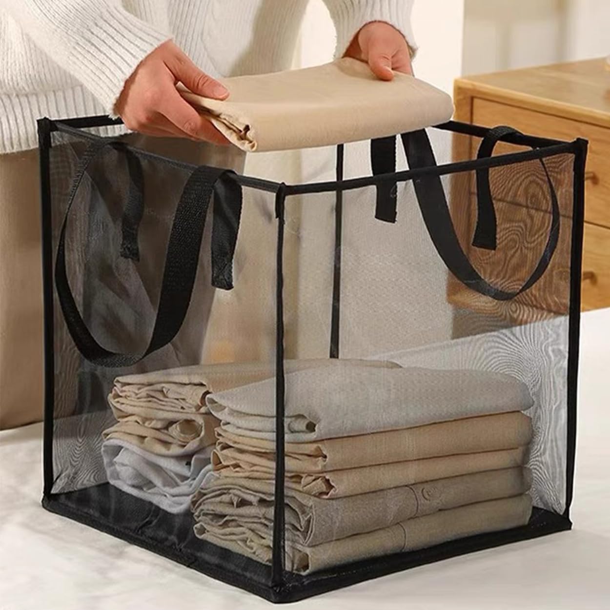 Minicoco Dirty Laundry Basket Portable Foldable Pop Up Mesh Washing Laundry Baskets with Reinforced, Carry Handles Mesh Laundry Basket for Home Room College Dorm