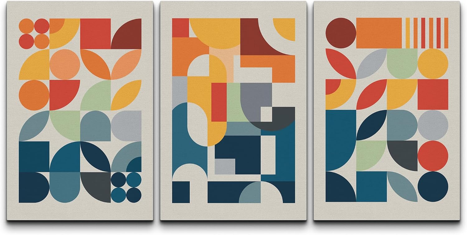 NWT Canvas Print Wall Art Set Mid-Century Modern Colorful Geometric Color Block Abstract Shapes Digital Art Illustrations Modern Art Decorative Minimalist for Bedroom - 24"x36" x 3
