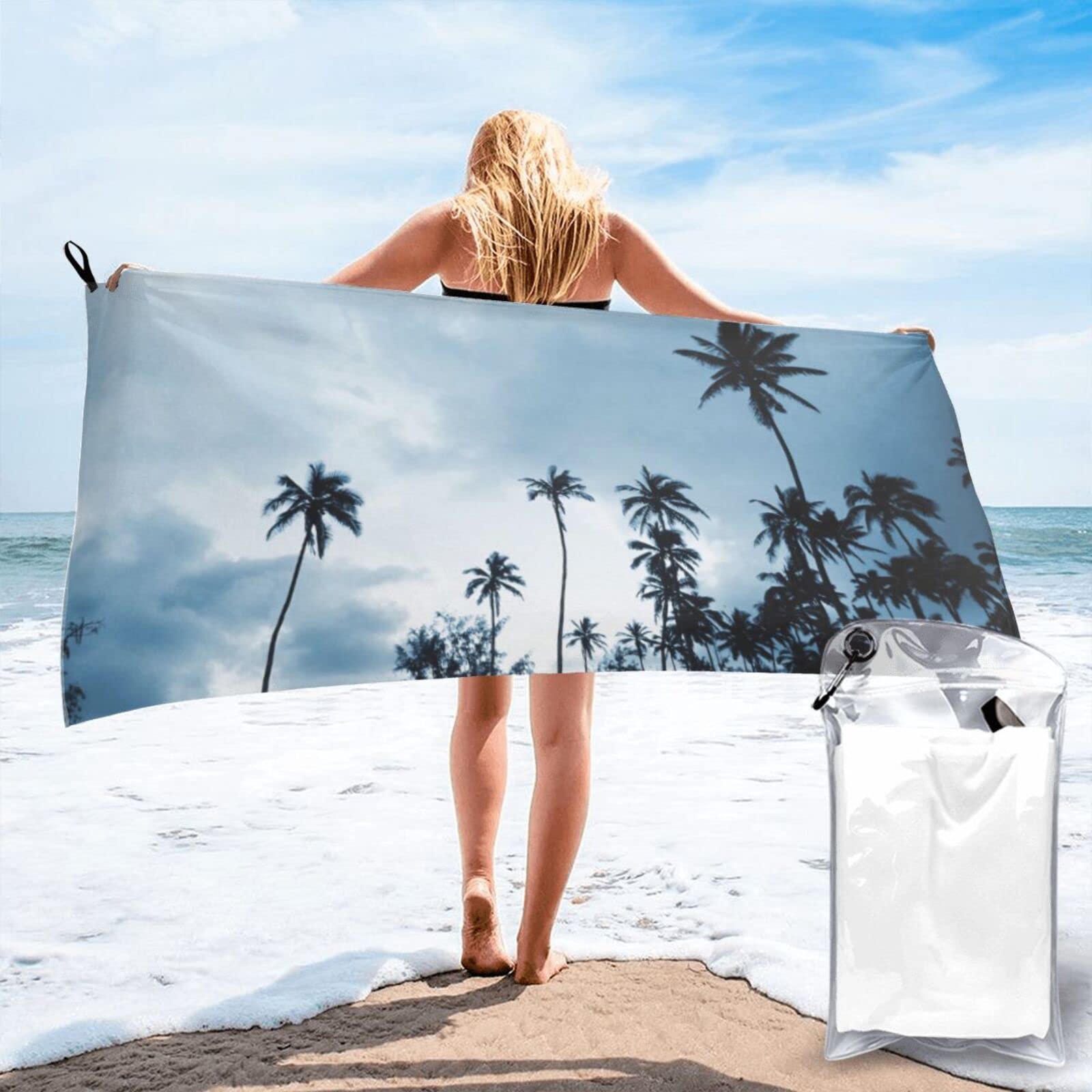 Lawenp Hawaiian Coast Plam Tree Microfiber Beach Towel Adults Large Quick Drying Bath Towel Travel Towels with Pouch 31.5"x63"