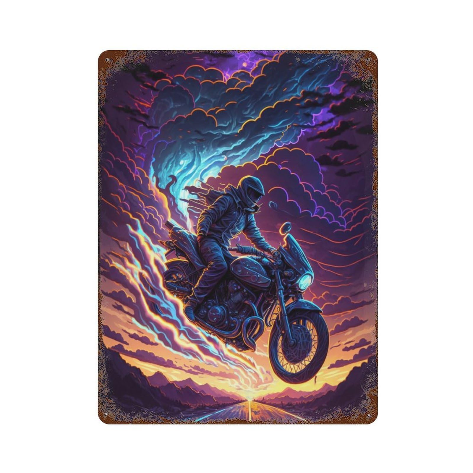 Distressed Metal Wall Sign Motorcycle Rider in Stormy Sky 15.7"x11.8", Old School Wall Decor for Bistro, Counter And Cafe Decor