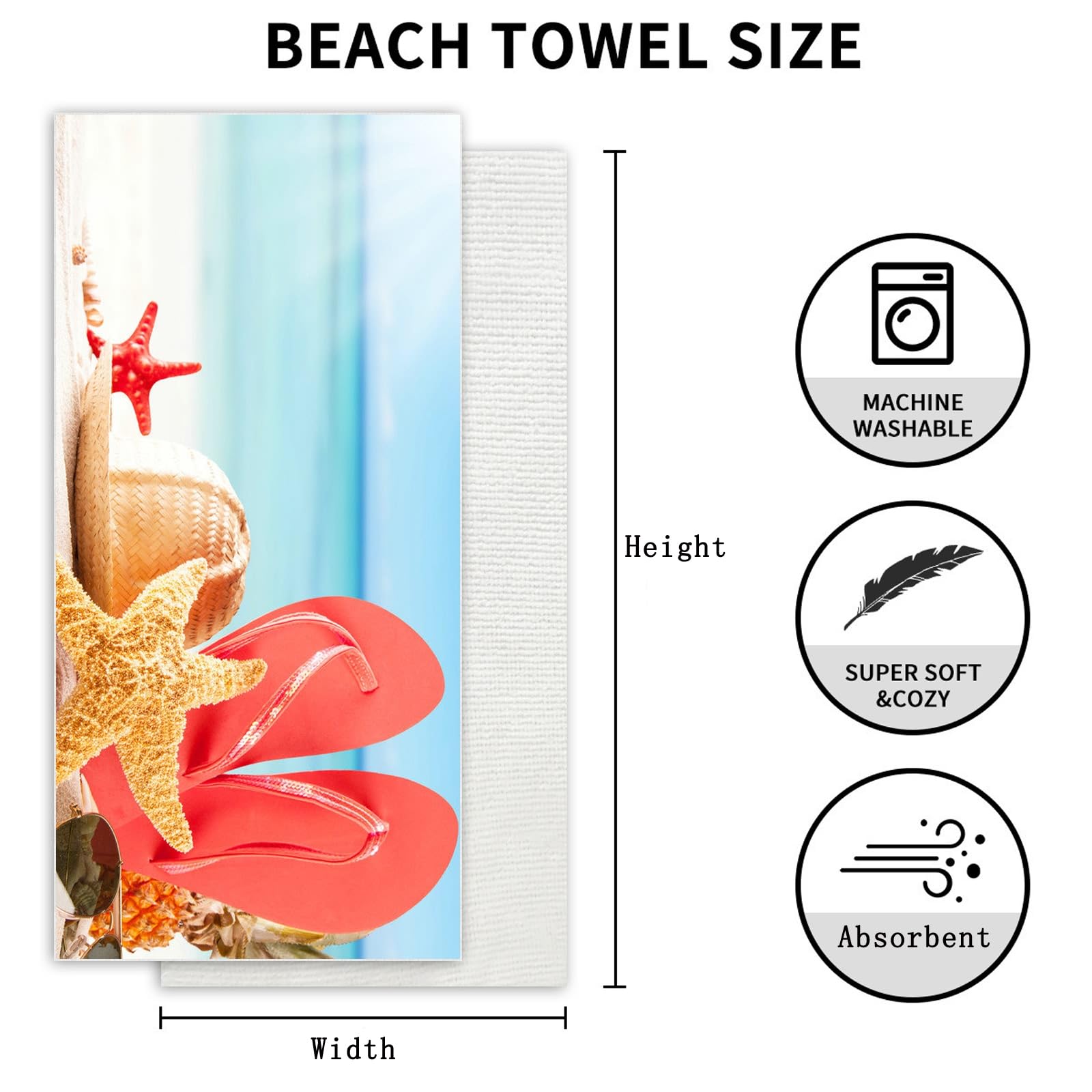 AMDXD Toallas de playa coloridas, impresas con sombrero de paja, pantuflas y estrellas de mar, toalla de playa, microfibra, toalla de baño sin arena, toalla de rizo para fitness, viajes, playa