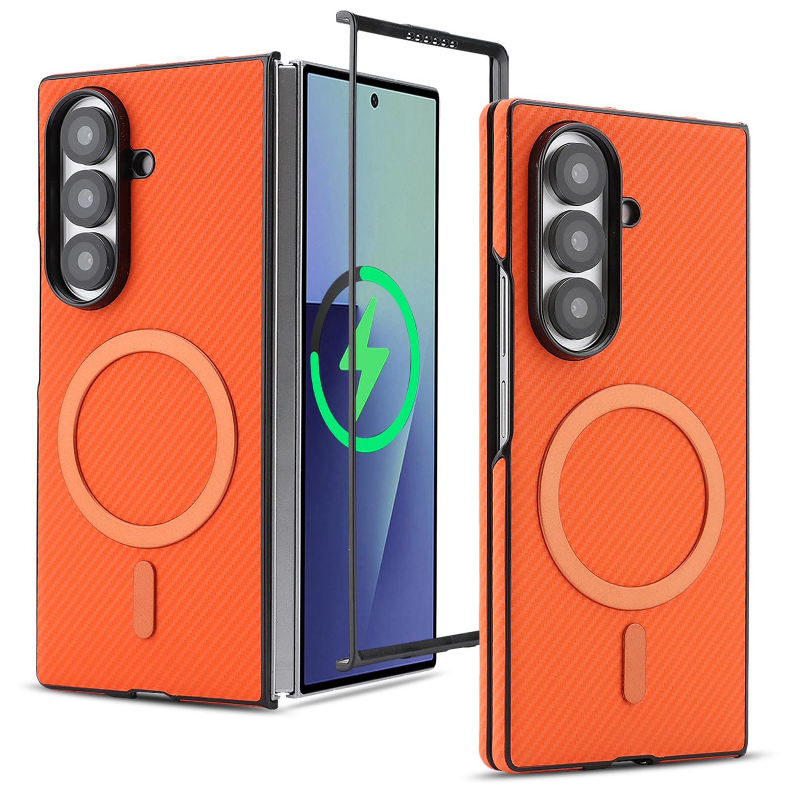 Funda A Prueba De Golpes For Samsung Galaxy Z Fold 8 Ultra, Cubierta De Teléfono con Textura De Fibra De Carbono con Succión Magnética, Soporte Empresarial, Carga Inalámbrica, Carcasa(Orange)