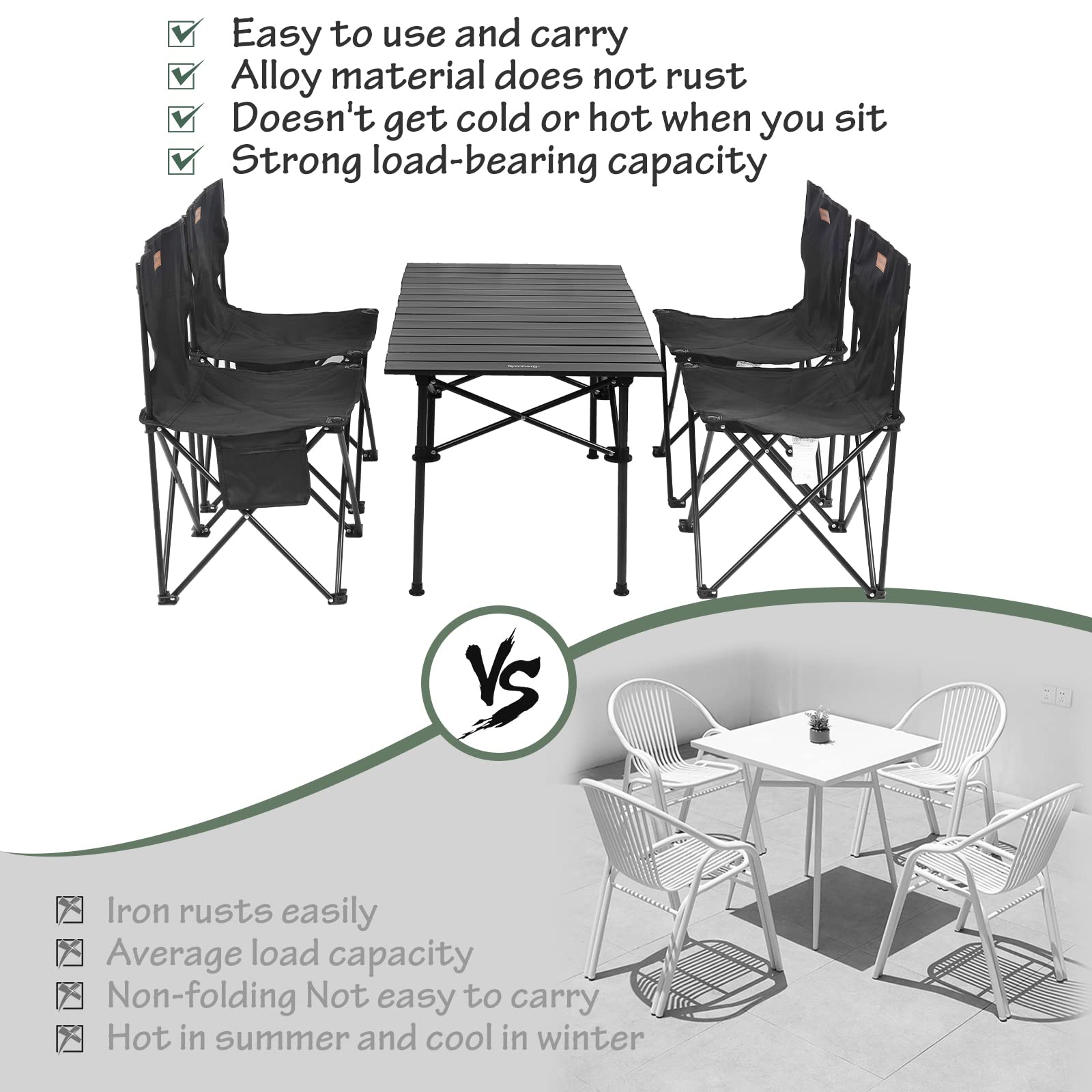 Rainberg Tavolo da campeggio pieghevole con 4 sedie, per uso esterno e interno, per barbecue, picnic, feste in giardino, design portatile pieghevole (tavolo con 4 sedie, nero)