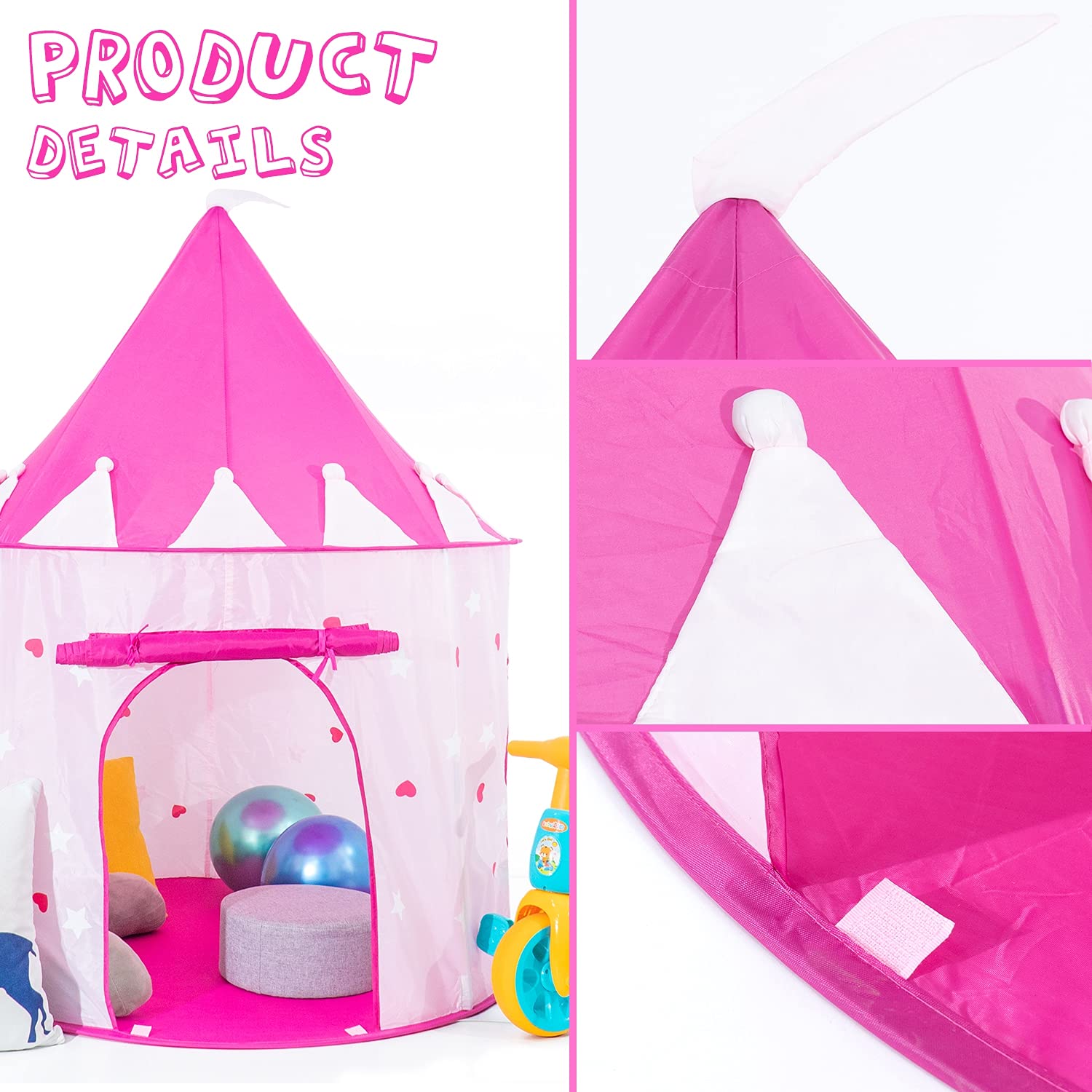 Princess Castle Play Tent with Glow in The Dark Stars, Foldable Pink Pop up Kids Tent Playhouse Toys, for Indoor Outdoor Toddler Children Girls Gifts Tent Girls Toys Age 3/4/5/6/7/8/9 Years Old - Image 5