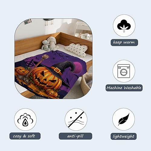 Miniatura 6 de Neatee Living Manta de Halloween con diseño de calabazas moradas, manta de bruja para bebé, manta para mascotas, ligera, mullida, suave, manta de