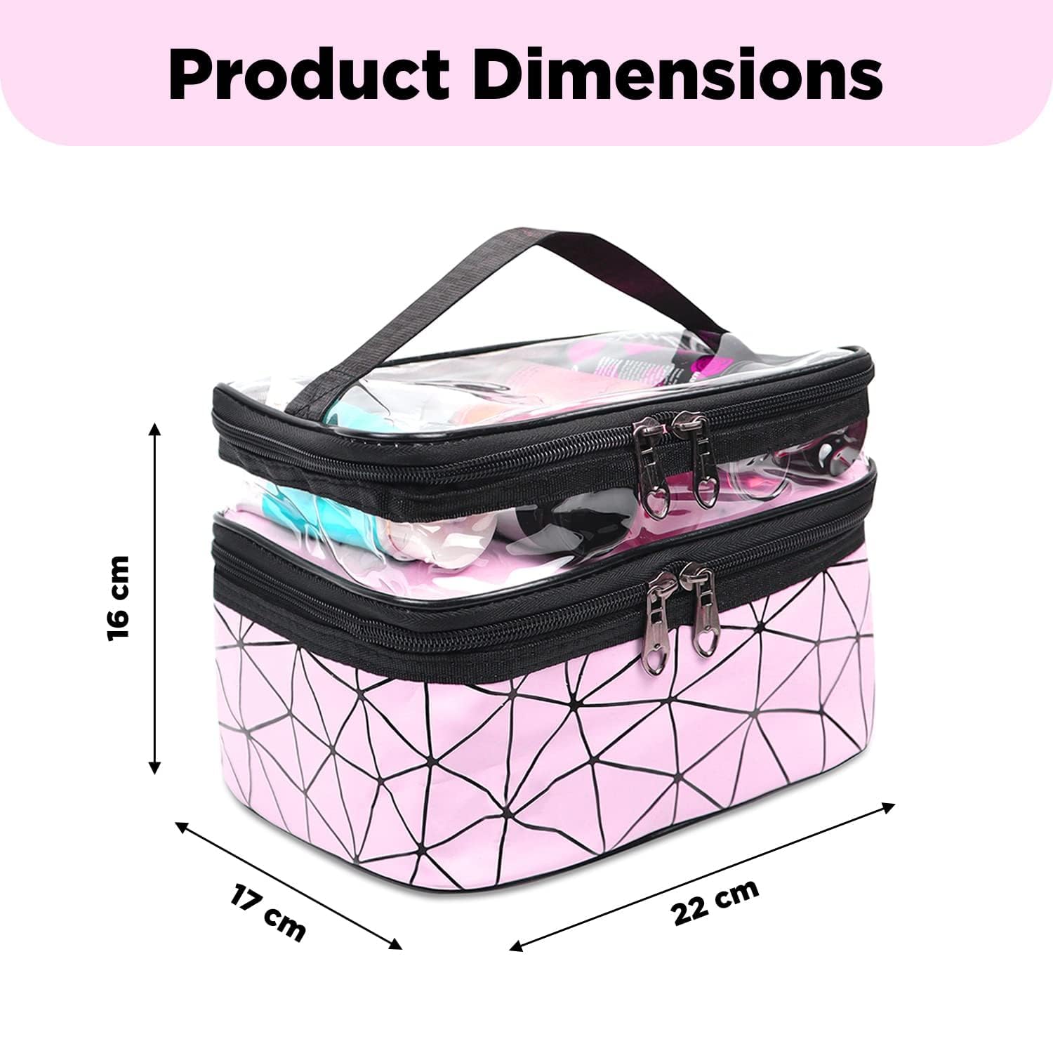 LEXSO 2 Layer Travel Makeup Bag Organizer, Waterproofing Toiletry Bag Set Toiletry Kit Bag Pouch for Brush Make up Holder Water-Resistant Cosmetic Bag with Handle (Pink)