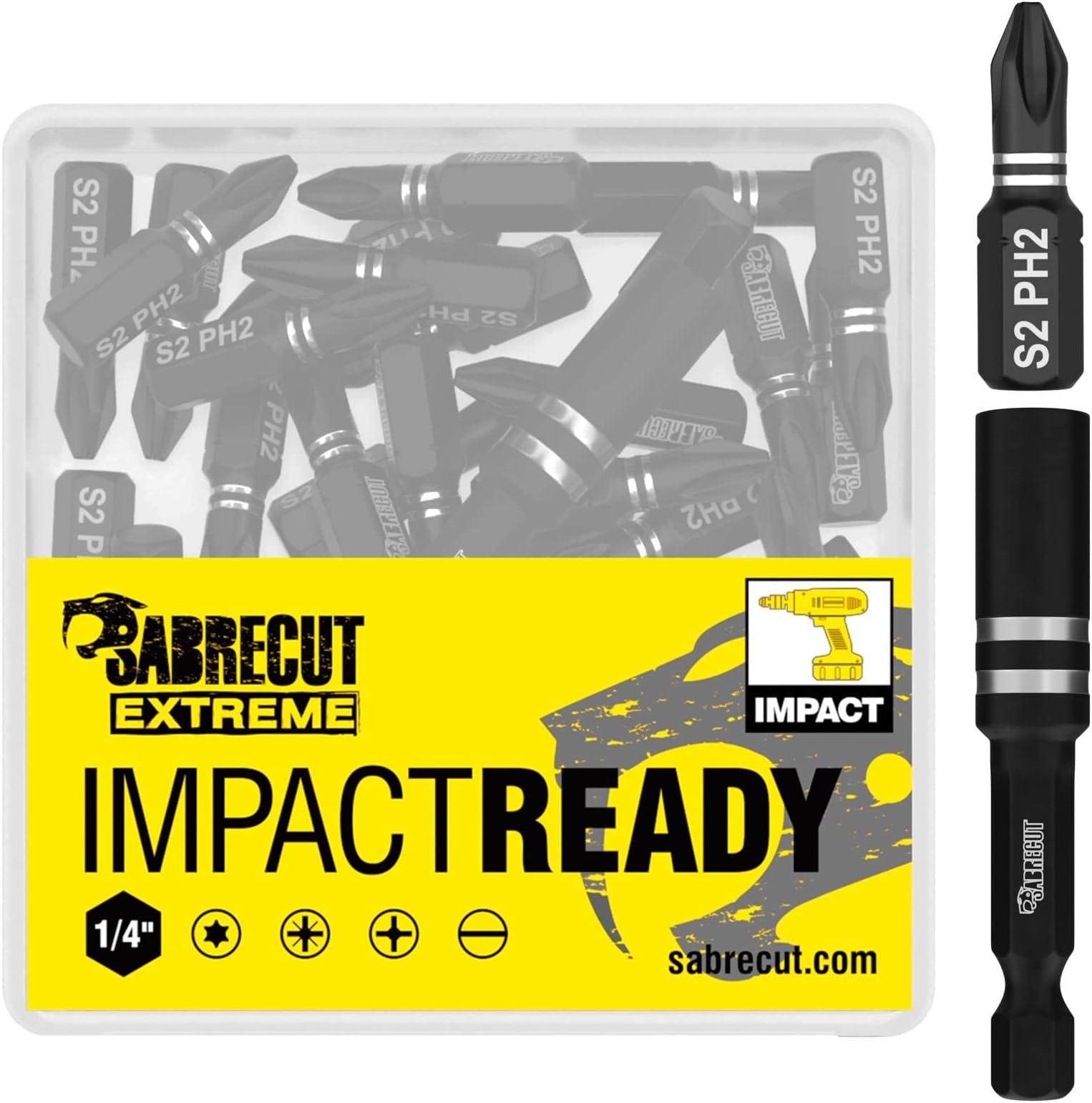 21 x SabreCut SCPA25_21PH 25mm PH2 Impact Screwdriver Driver Bits Set Single Ended Phillips No.2 Heavy Duty Including Bit Holder and Storage Box