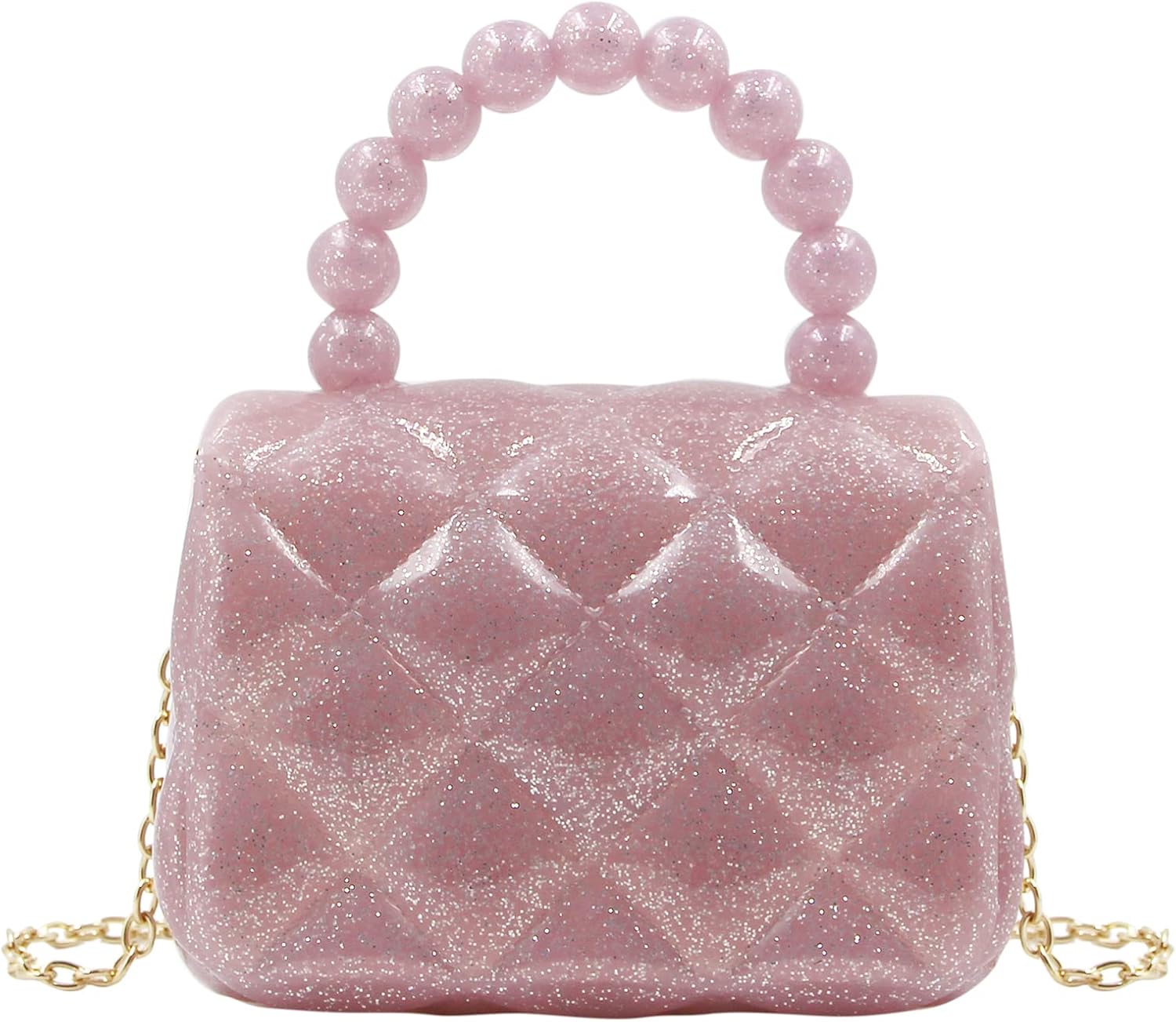 BOLLEY JOSS Elegant Mini Purse for Little Girls Cute Handbags with Pearls Beads Handle Glitter Clear Crossbody Bag