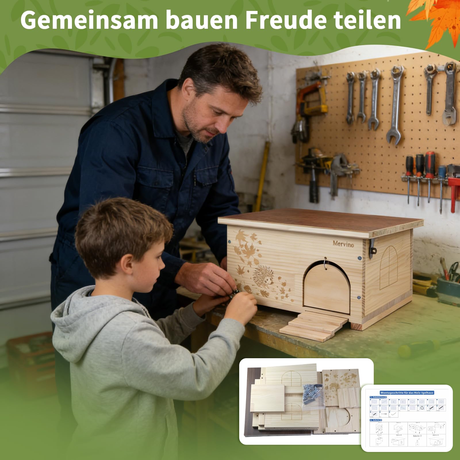 Mervino Igelhaus Holz mit Rattenklappe und Boden - Robustes Igelhotel Winterfest, mit Leiter & wasserdichtem Dach als Gartenunterschlupf für Winterschlaf und Sommeraufenthalt (44x34x24 cm)