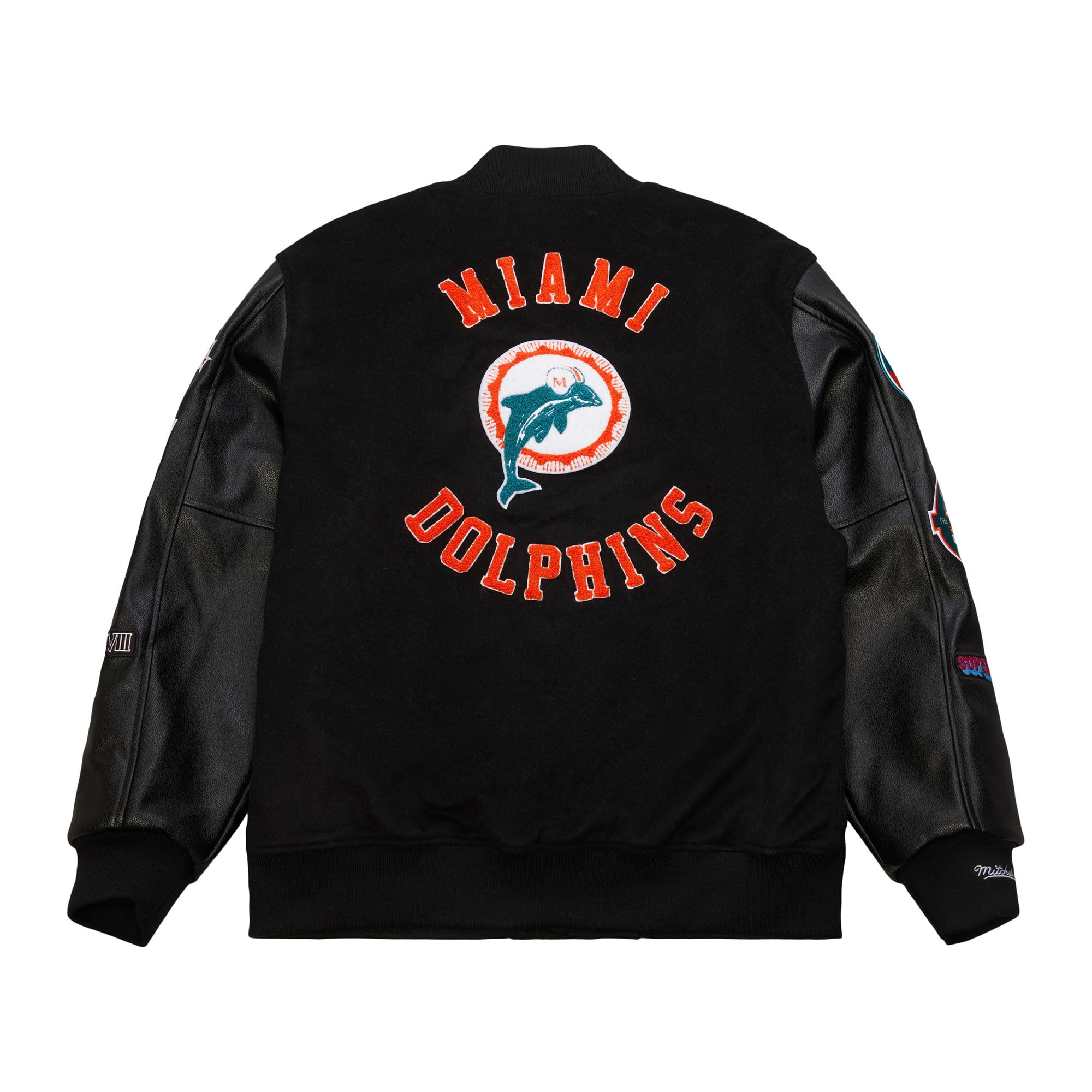 Mitchell & Ness NFL Blackout Retro Chaqueta universitaria | Mezcla de lana y poliéster | Mangas de PU | Parches y bordados AUZAVE210MSFen el pecho y las mangas | Puños acanalados en cuello