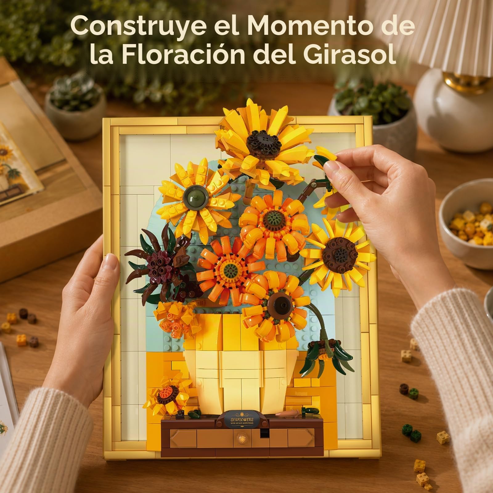 JMBricklayer Juego de construcción de flores de girasol para adultos con luces 70004, Van Gogh, ideas de arte de pared, ramo de flores, marco de pintura para decoración de habitación, ideas de regalos