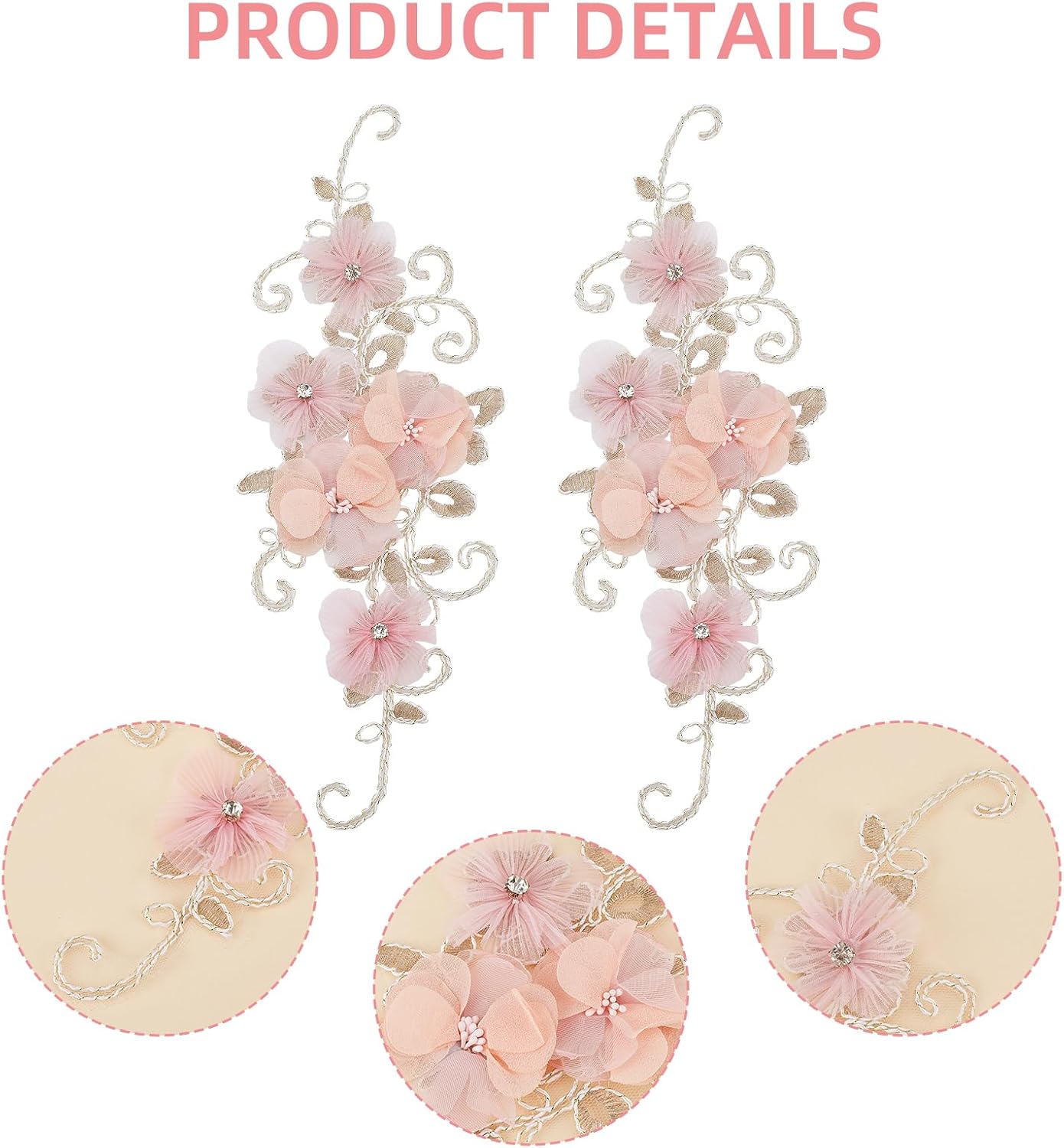 2PCS 3D Flower Beads Lace Applique, Pink Floral Sew on Patch Rhinestone Flower Embroidered ppliques, Polyester Lace Patches for Sewing DIY Crafts Wedding Dress Party Gown Clothing