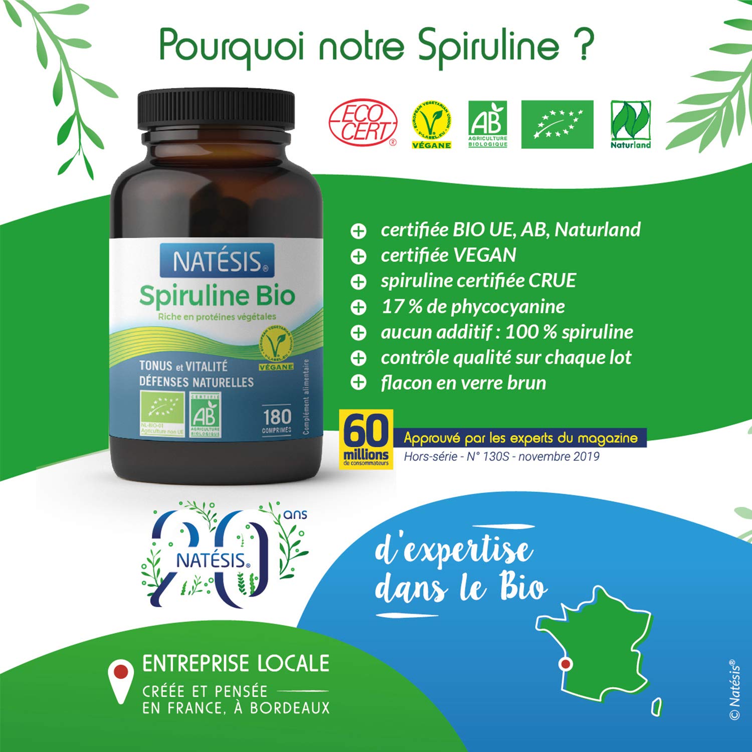 NATESIS — Spiruline & Chlorella Bio 50/50 — 250 comprimés 540 mg — Complément alimentaire bio et vegan — Vitalité, digestion, immunité — Flacon en verre brun — 135 g