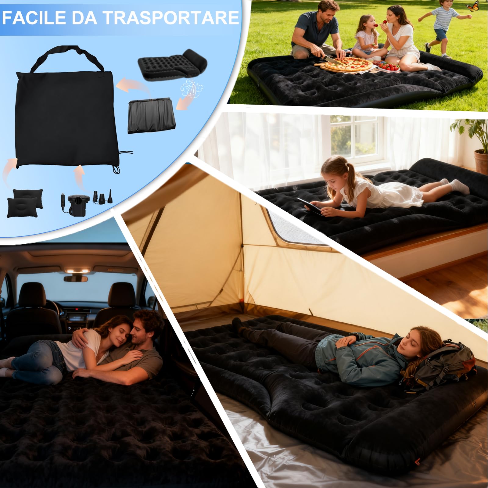 Materasso Auto, Universale Materasso ad aria per SUV MPV VAN nel bagagliaio 185x140x20cm, Mmaterasso Gonfiabile Auto Portatile e Comodo Campeggi Letto per Viaggi, Attività Interne ed Esterne (Nero)