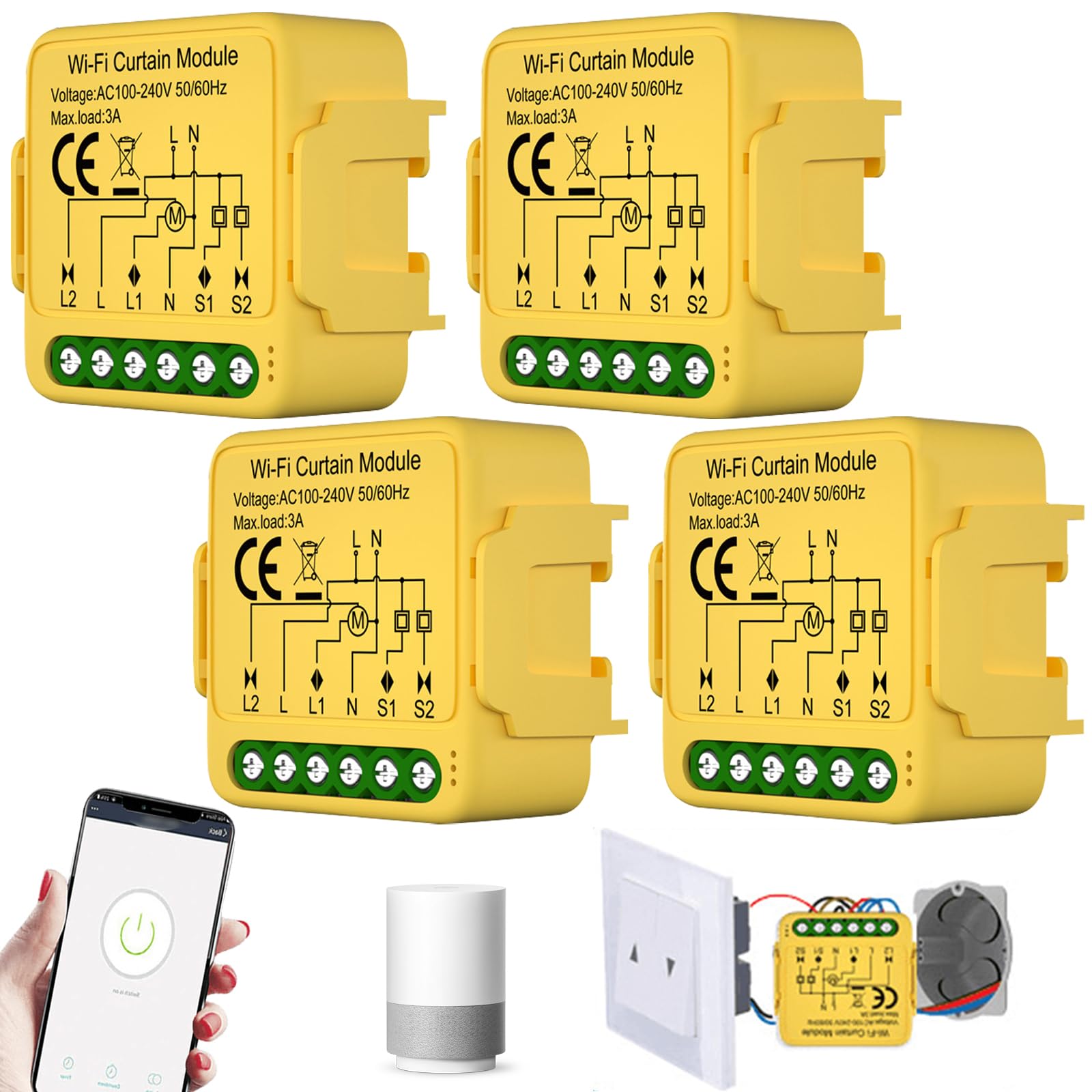 Juego de 4 módulos de interruptores inteligentes WiFi para persianas enrollables con ajuste de tiempo de funcionamiento para cortinas, persianas y toldos, compatible con Google Home/Smart Life/Tuya