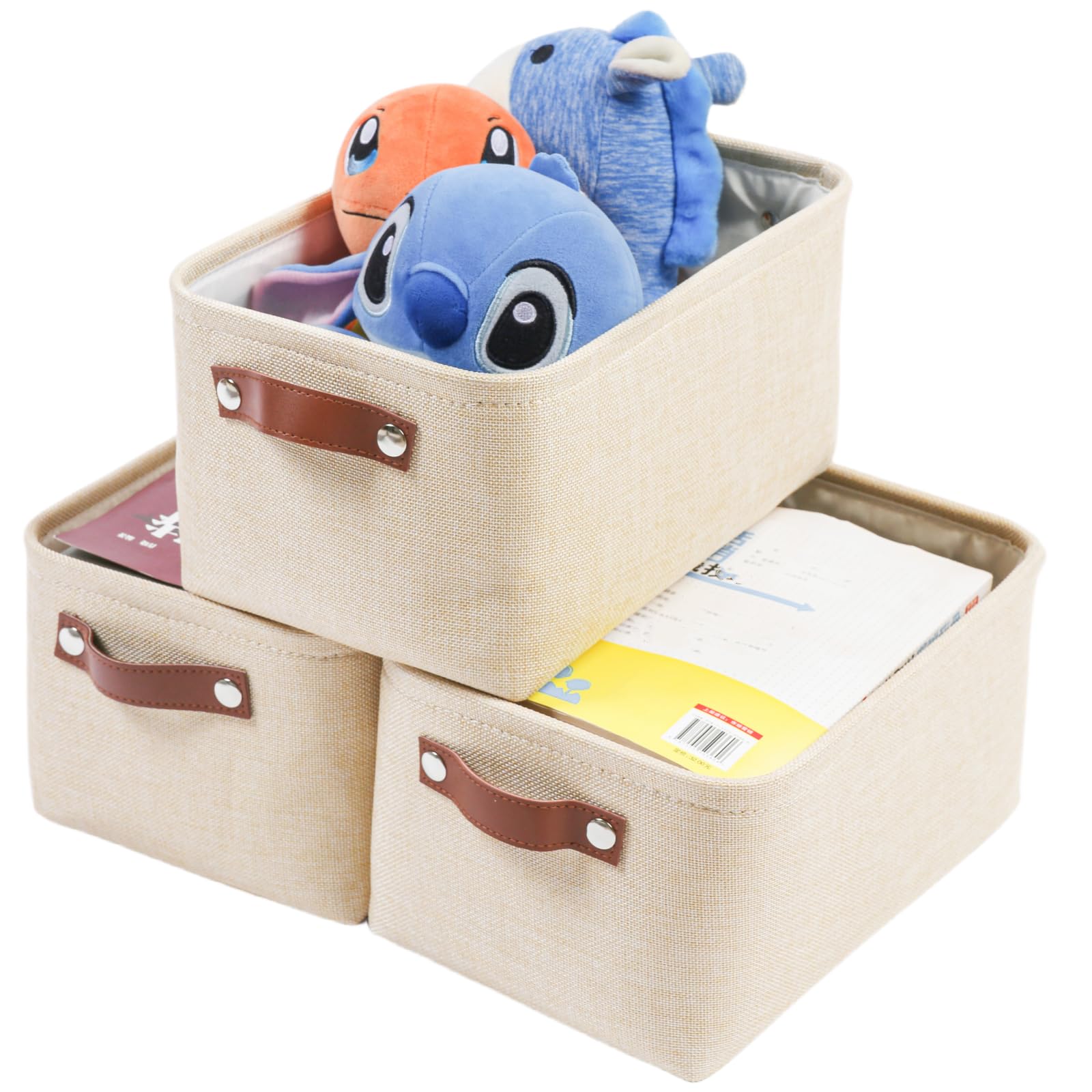 Mangata Light Khaki Set Of 3 Fabric Storage Boxes, Small Storage Basket With Handles For Underwear, Sock, Towel (Small, )