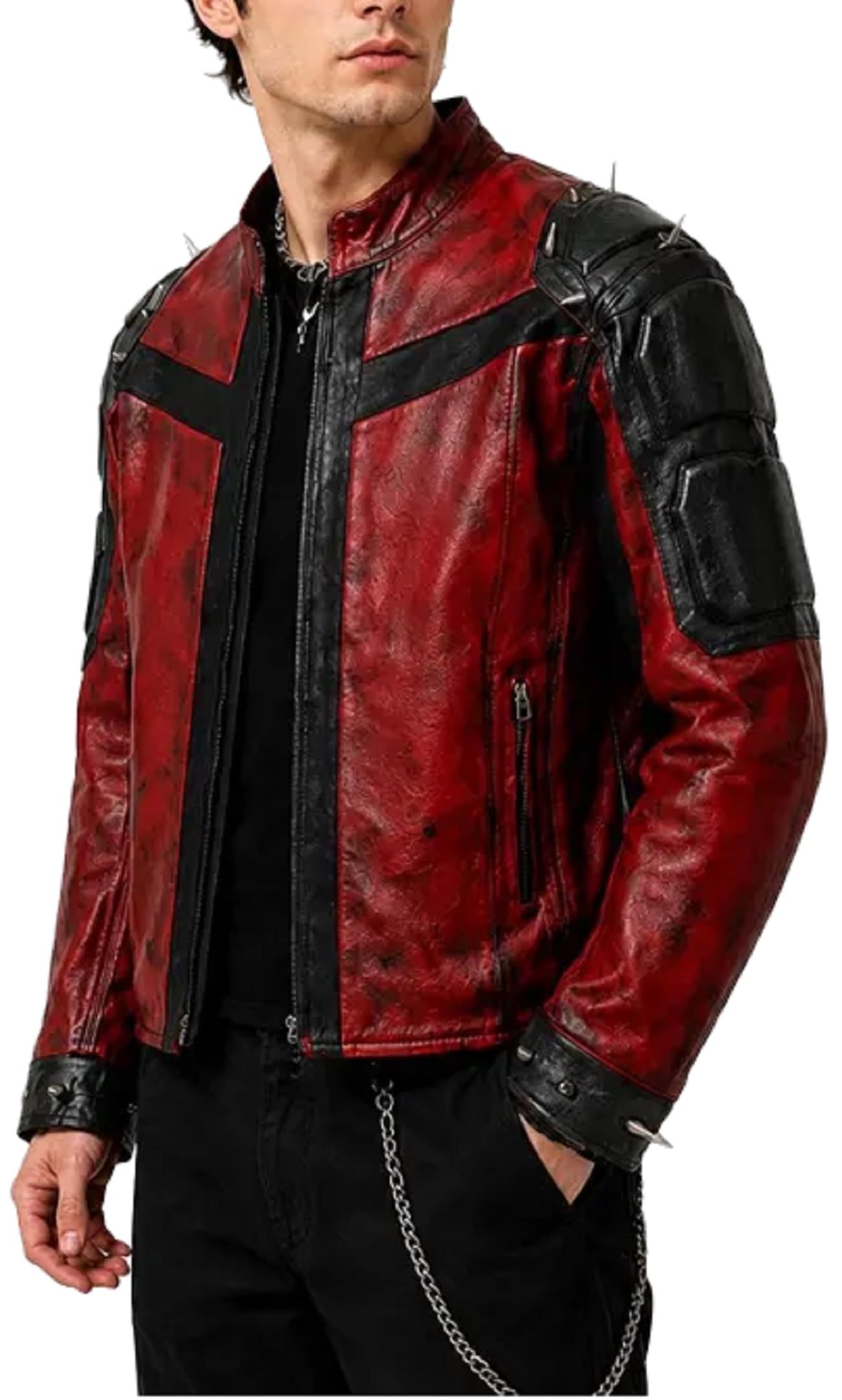 Giacca da moto da uomo rossa e nera, con spalle a punta, stile gotico, punk rock, con borchie