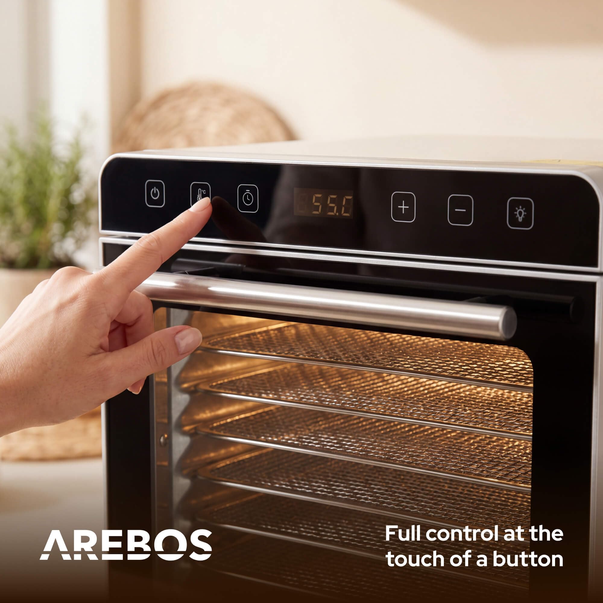 Arebos Deshidratador de Alimentos de Acero Inoxidable 700 W | 8 Bandejas de Acero Inoxidable | Capacidad 19 L | Pantalla Táctil, Luz LED, Temporizador 24 h, 35-85 °C | Fruta, Carne, Hierbas