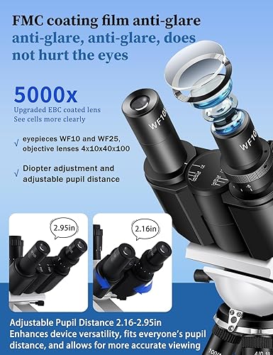 Miniatura 7 de Microscopio para adultos 40X-5000X de aumento de grado de laboratorio con etapas mecánicas duales y cámara USB HD Microscopio trinocular