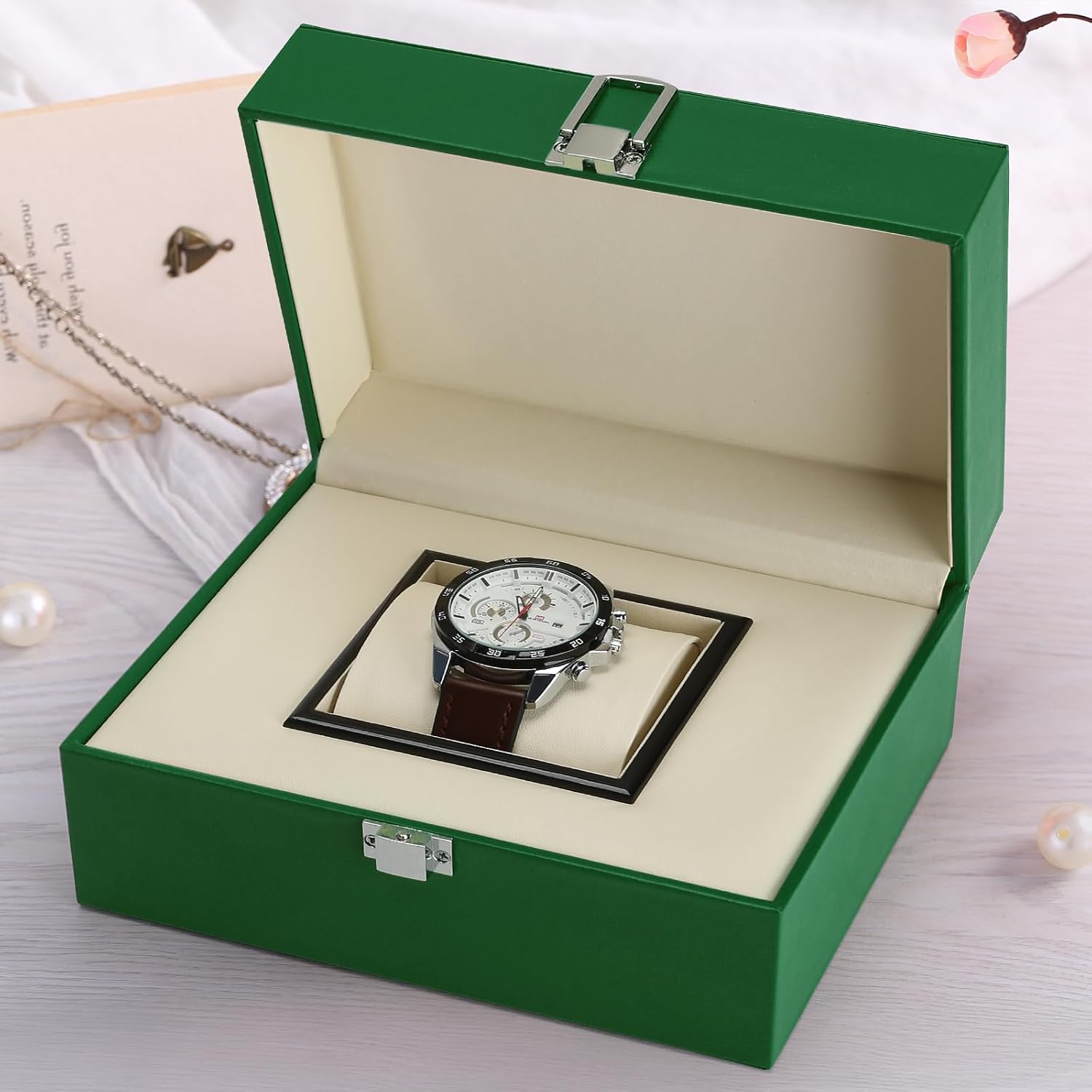 Noble Large Single Watch Gift Box for Men Women, PU Leather Big Watch Case, Luxury Travel Watch Storage Boxes Wristwatch Display Holder Cases with Removable Soft Pillow (Green) image 5