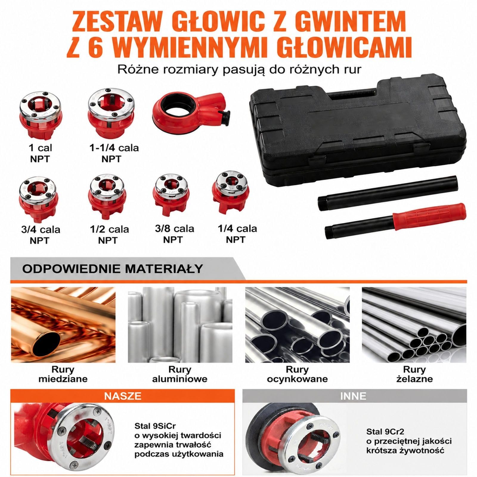 6-częściowy ręczny zestaw do gwintowania rur z grzechotką, matryce NPT i walizka do hydrauliki, budowy, aluminium, żelaza, miedzi
