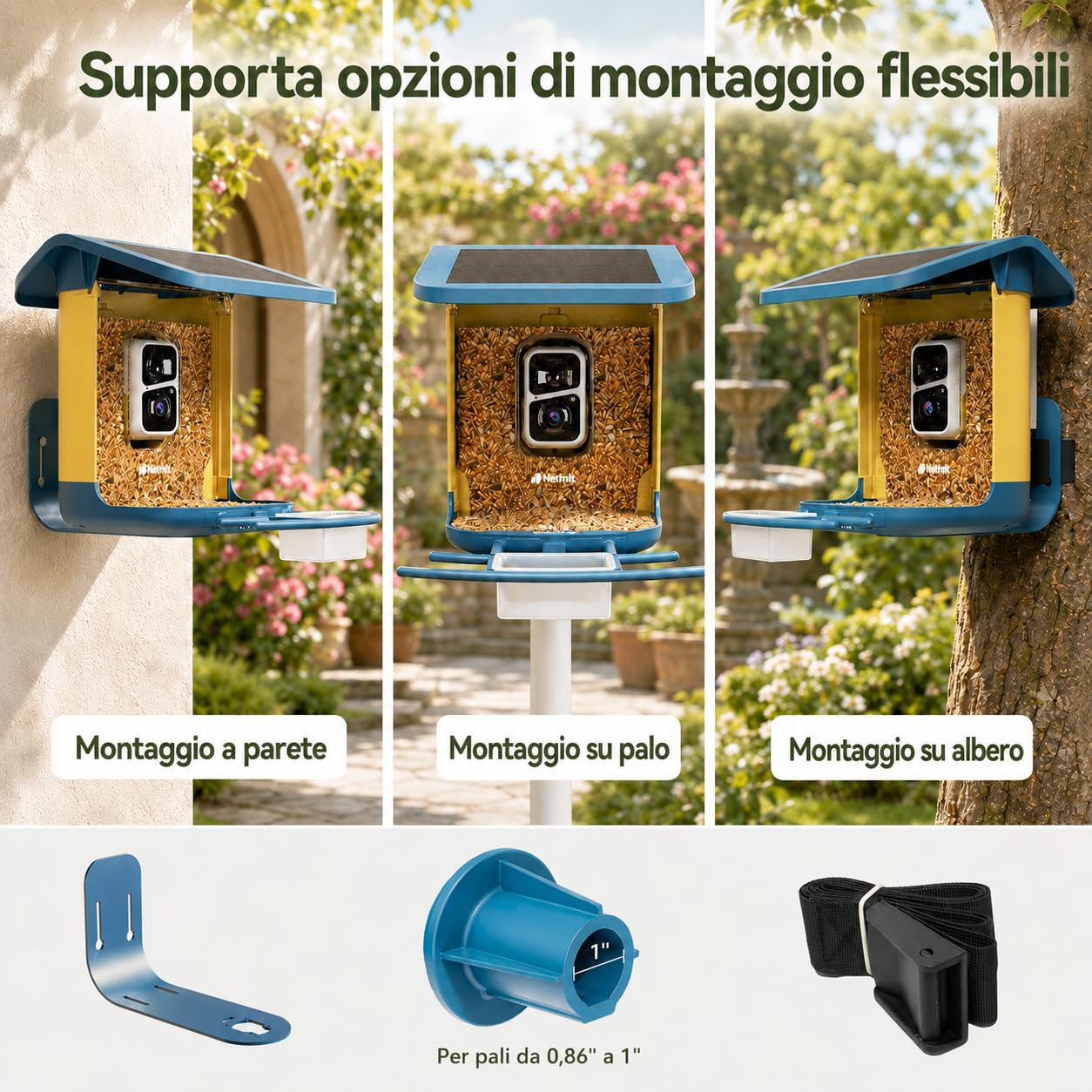 Mangiatoia intelligente per uccelli 2K con fotocamera, alimentazione solare, AI identifica oltre 10.000 uccelli, capacità 1,8 l, impermeabile IP65