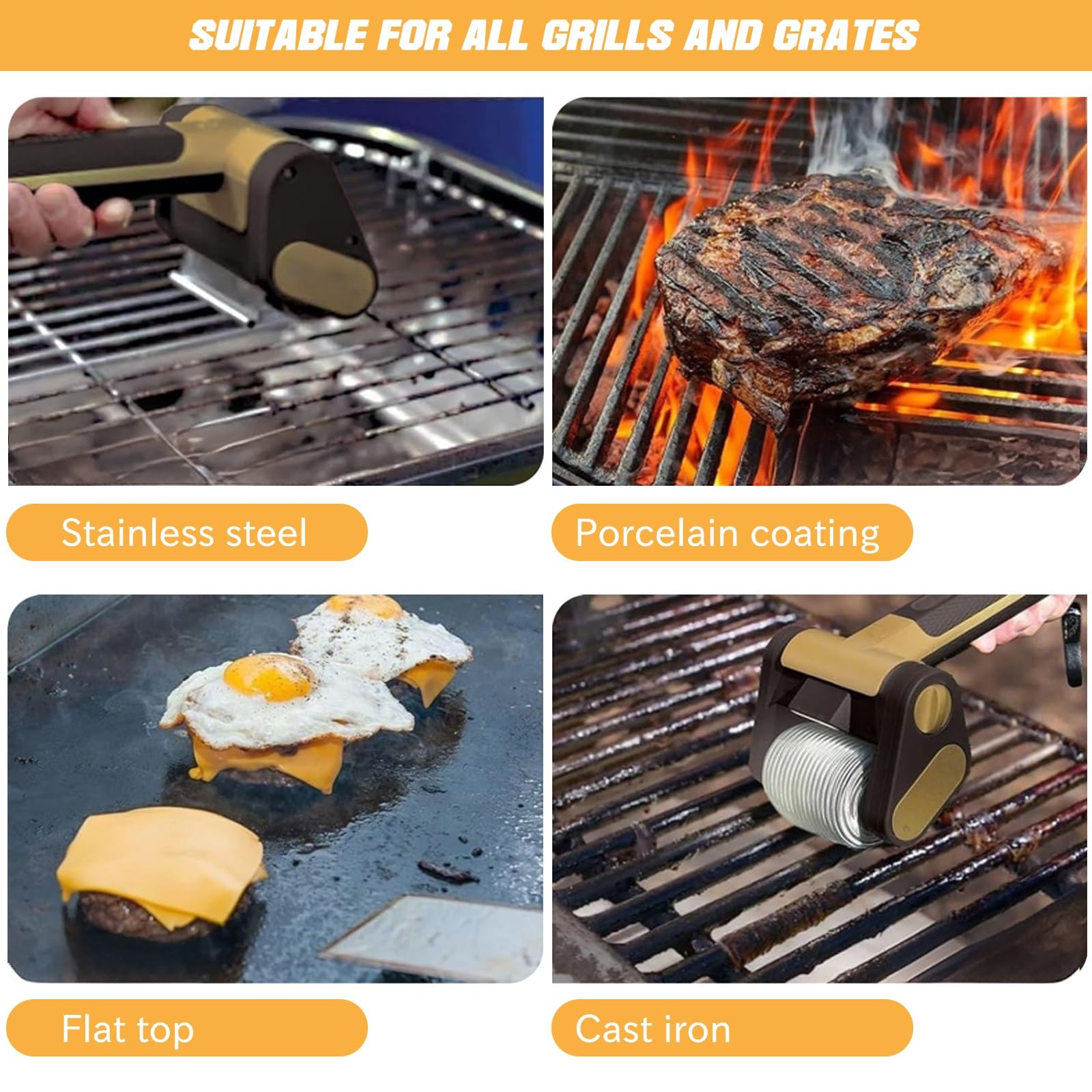 Spazzola per barbecue per esterni, senza setole, pulitore per barbecue acciaio inox 304 per griglie a gas, griglie a carbone, bollitori e griglie(Black gold)