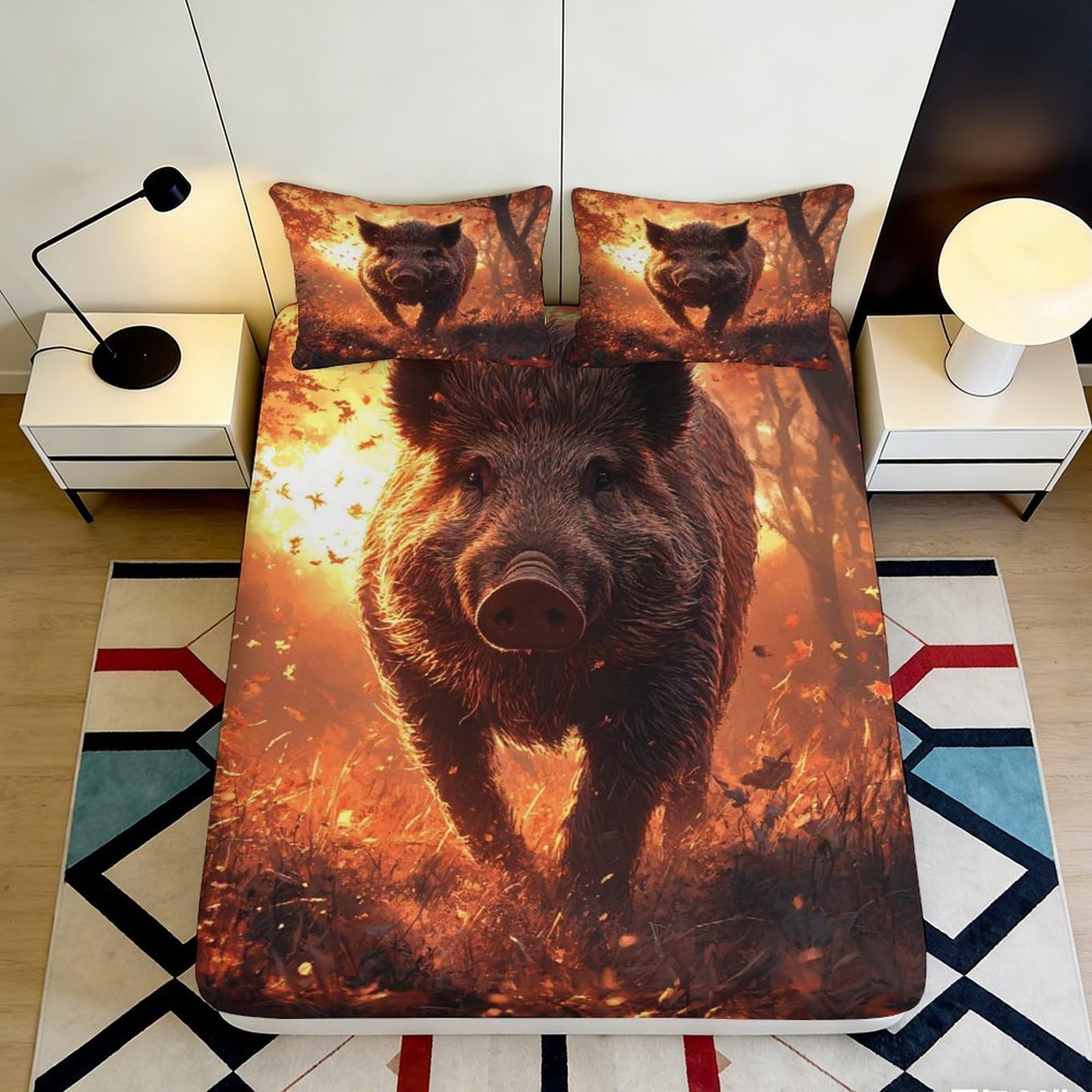 3D Printed Wild Boar Forest Fitted Sheet Microfiber Soft Bed Cover for Bedroom Guest Room Decor Dustproof Washable 90x200x25cm