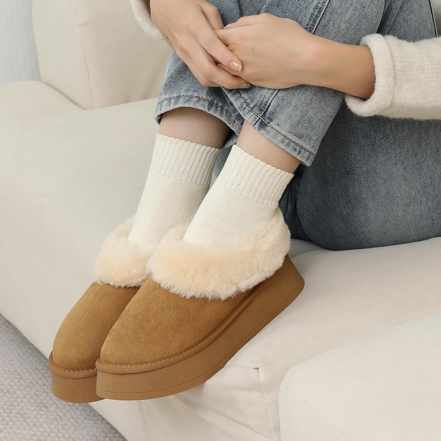 Double Couple Suede Leather Ankle Boots for Women Platform Slippers Fur Lined Short Boots Anti-Slip Mini Platform Boots Chestnut Snow Boots