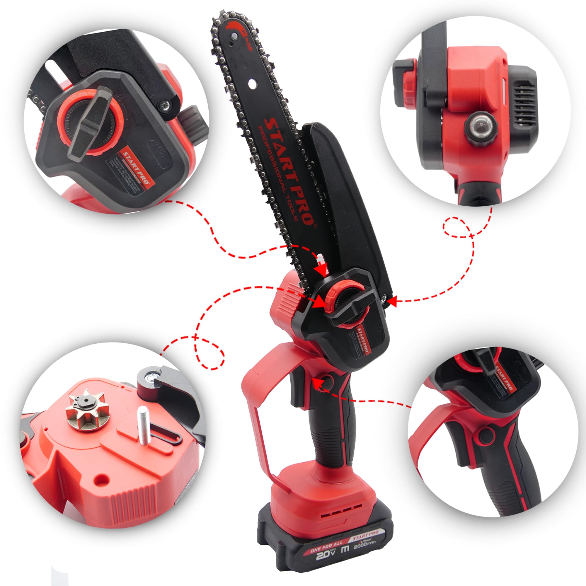 Mini piła łańcuchowa akumulatorowa 8 cali StartPro SBS2-21/8MBX, elektryczna piła łańcuchowa z 2 akumulatorami 2,0 Ah i ładowarką, 2 łańcuchy, ręczna piła łańcuchowa do cięcia drzew, gałęzi, drewna