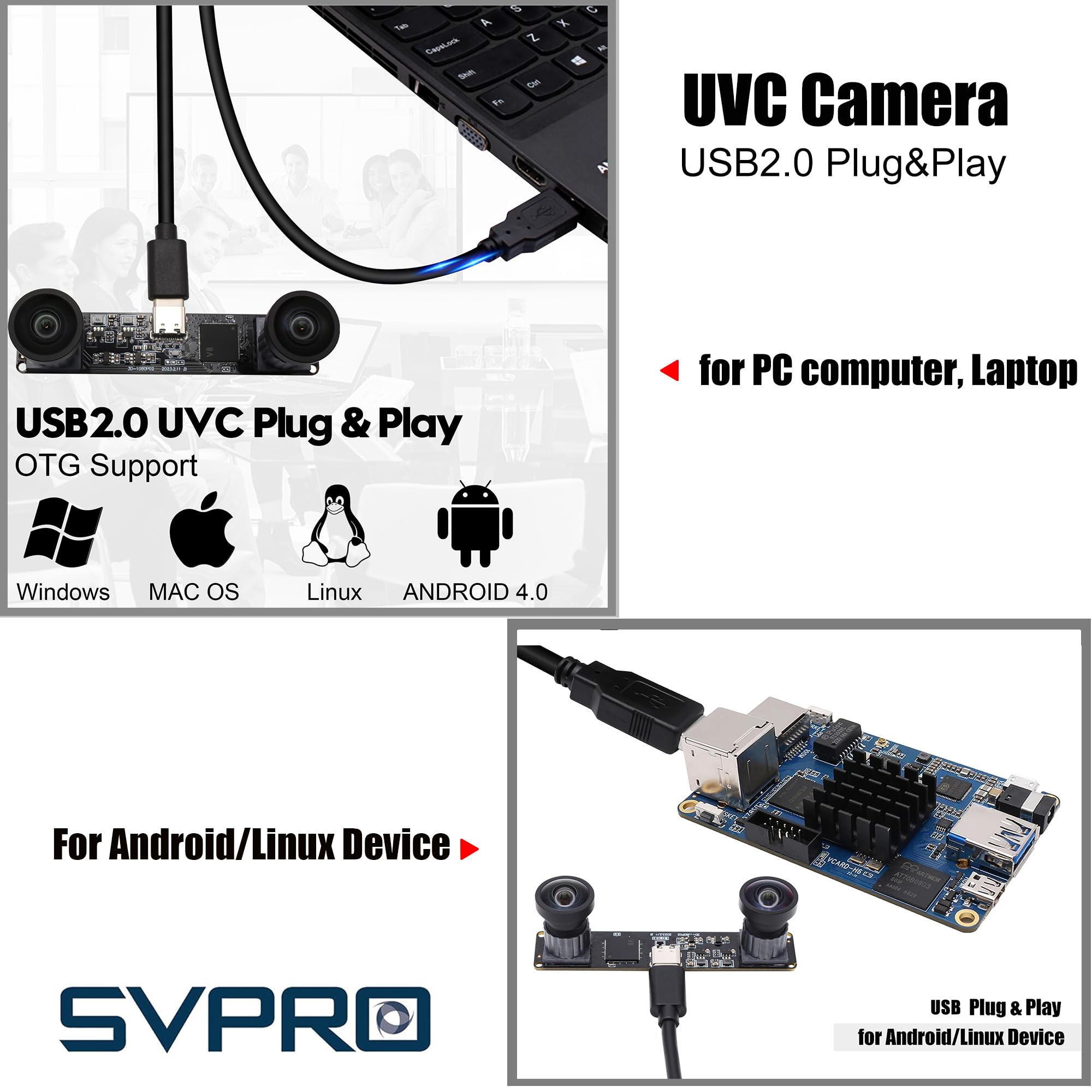Svpro Module caméra USB Dual Lens 1080P 60fps UVC industriel carte de synchronisation d'enregistrement couleur avec double objectif M12, caméra grand angle sans distorsion pour 3D, VR,