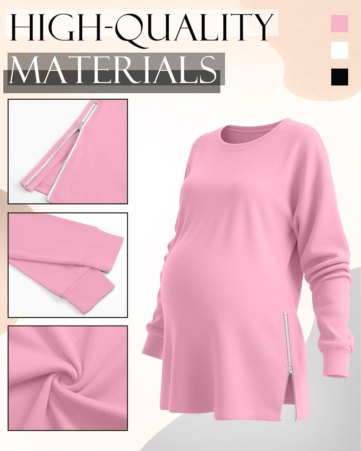 3 Pack Women's Maternity Shirts Long Sleeve T-Shirts Cotton Zipper Split Side Tops Casual Loose Pregnancy Clothes - Image 5