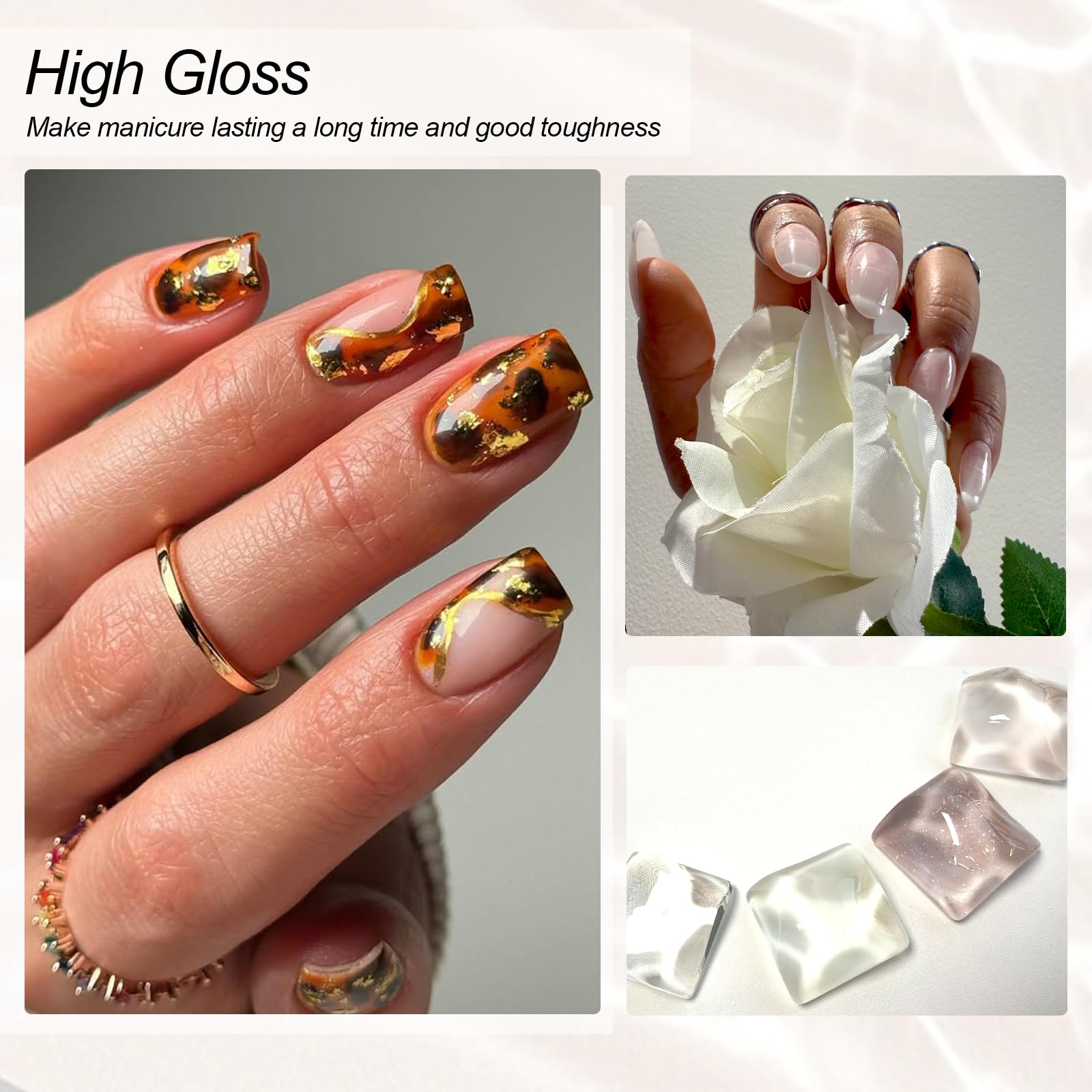 Vnicesli 4 in 1 Base Rubber Gel, 4 Colori Trasparente Smalto Semipermanente Clear Bianco Latte Rosa Glitter, Elastic Rubber Base Coat Soak Off UV/LED Smalto Rinforzante Unghie - Kit 04-24