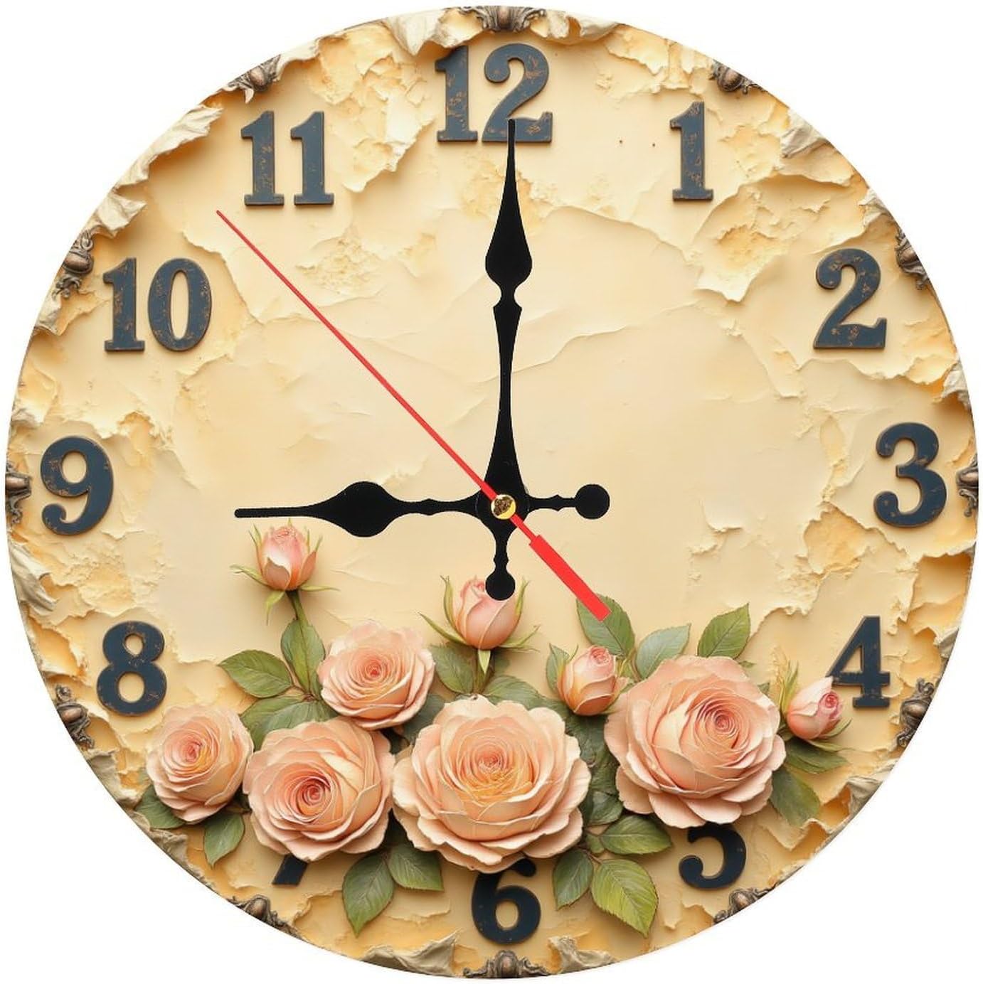 Cream Wrinkled Textured Wall Clock Multiple Blush Peach Rose Green Leaf Cottage Style Hanging Clock 25x25cm