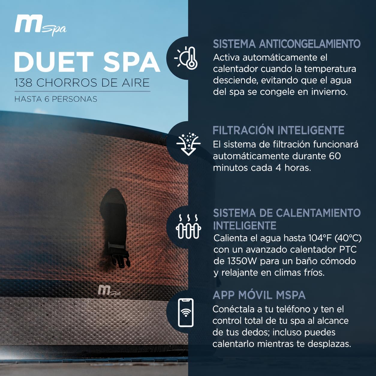MSpa Duet-Eco SPA Hinchable semirrígido Circular 4-6 Personas con hidromasaje Air Jet, calefacción, filtración Inteligente, ozono y desinfección UVC