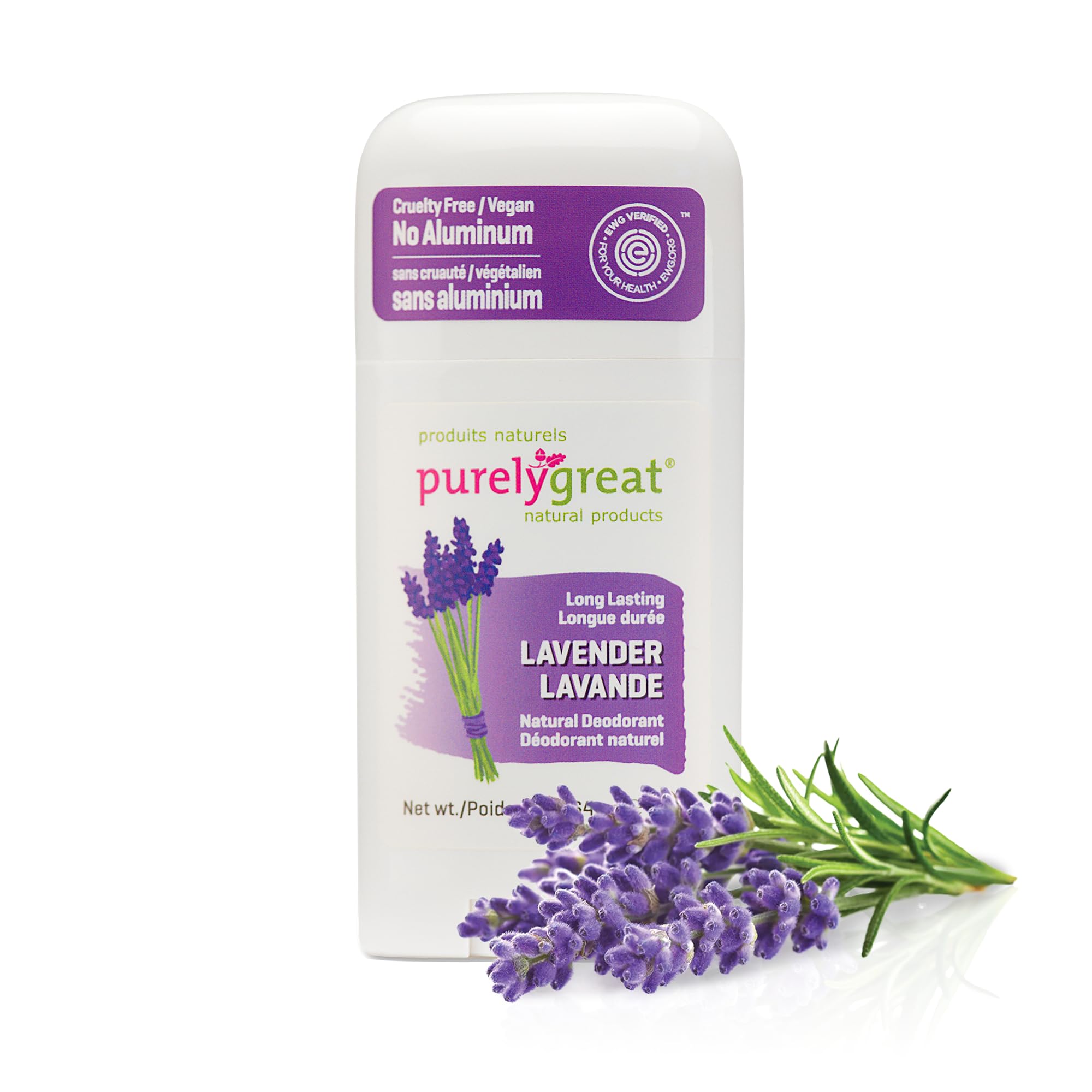 Purelygreat Natural Deodorant Stick - Lavender - EWG Verified - Vegan, Cruelty Free - No Aluminum, No Parabens - Essential Oils