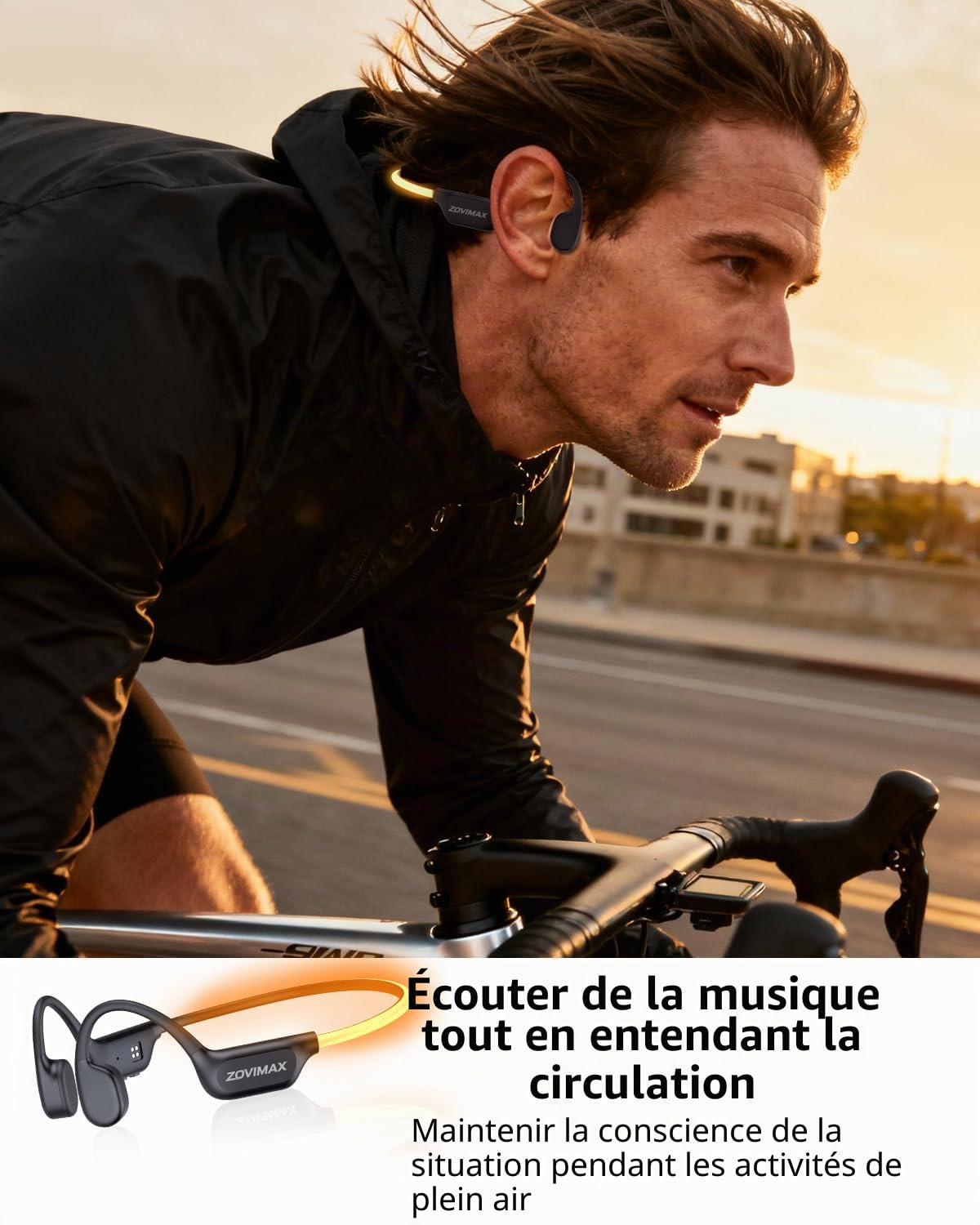 Casque à Conduction Osseuse Bluetooth 6.0 avec Lampe LED de Sécurité, Design Ouvert Oreilles Libres, Microphone Anti-Vent, IPX7 Étanche, 10H d'Autonomie, Casque Sport pour Course et Fitness