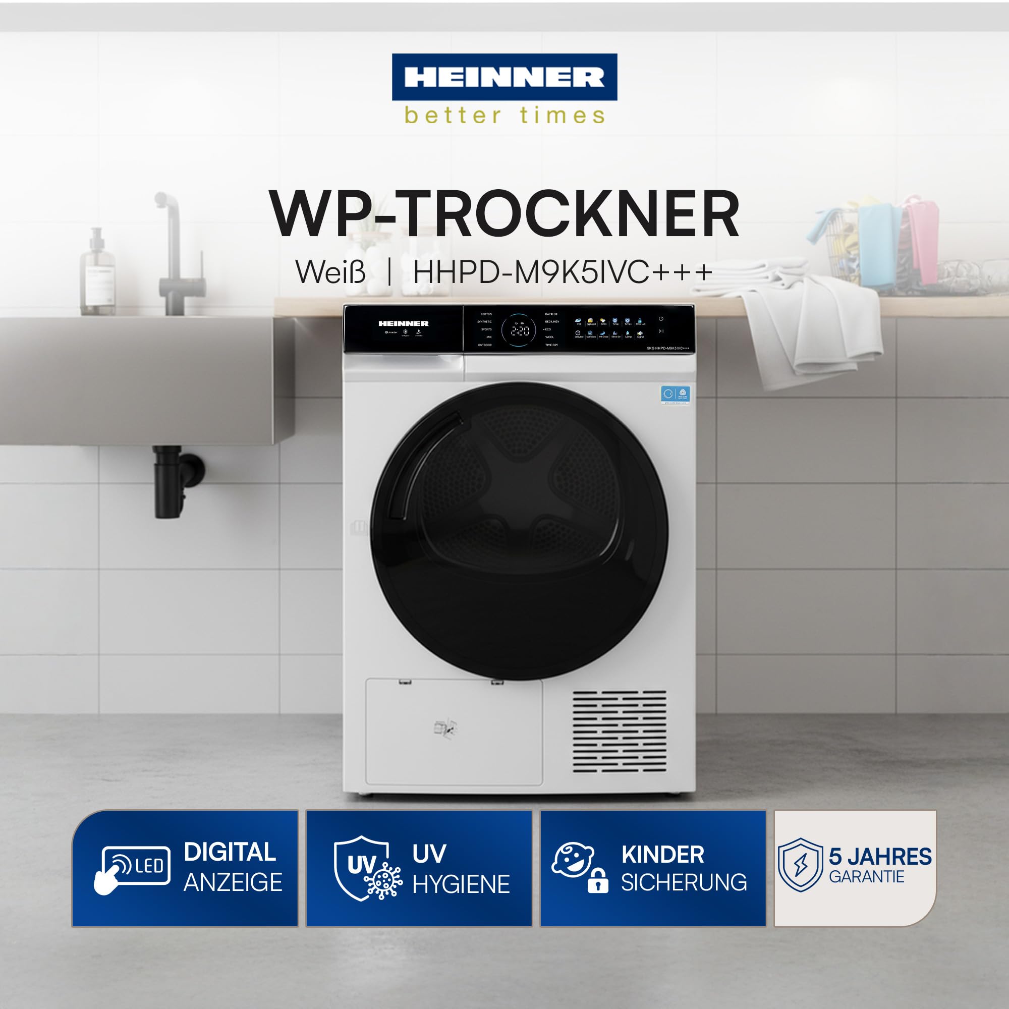 HHPD‑M9K5IVC+++ Wärmepumpentrockner – 9 kg Fassungsvermögen, energiesparender Inverter-Motor, Energieklasse C, LED-Display, 10 Programme inkl, modernes Weißes, inklusive 5-Jahres-Garantie