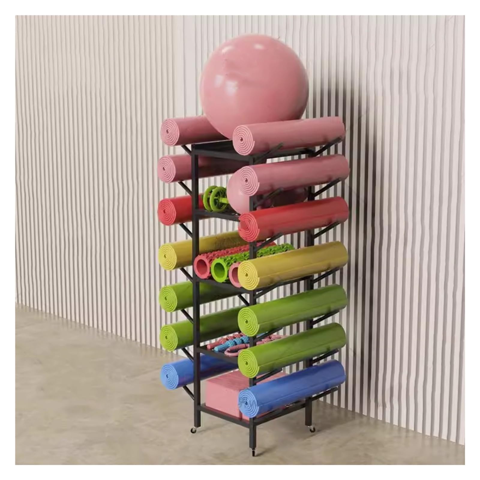 JYHHGDS 5-Tier Yoga Mat Storage Rack, Free Standing Organizer for Home Gym & Garage, Holds Dumbbells, Foam Rollers, & Yoga Blocks - Rolling Cart for Workout Equipment (Black)