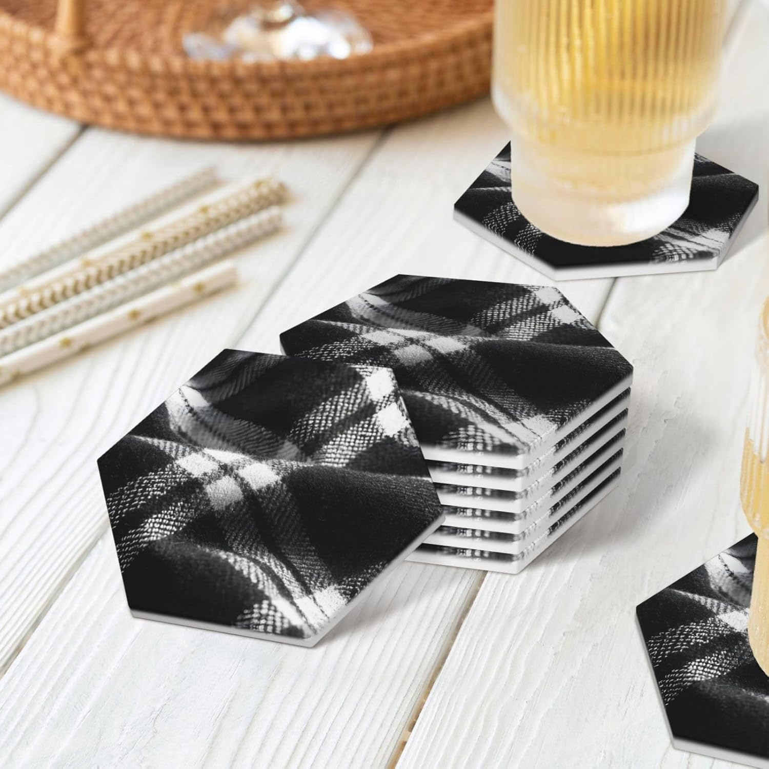 (Black and White plaid1) Ceramic Coasters Set of 6 with Holder Non-Slip Hexagon Coffee Coasters for for Cup Mug Drink Patio Coffee Table Decor, Christmas Coasters Home Bar Supplies