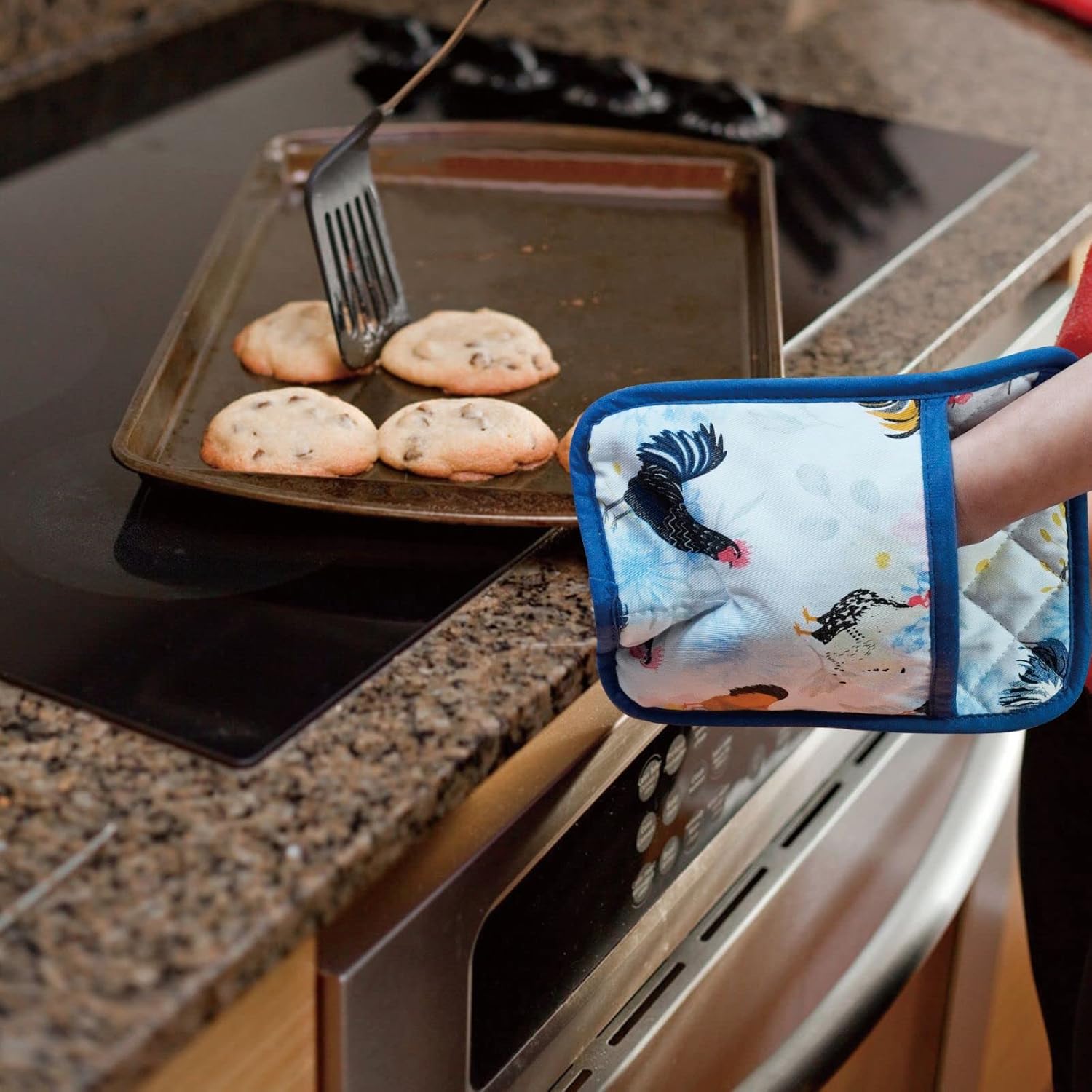 Pot Holders Set of 2 Heat Resistant 480℉ Kitchen 100% Cotton Comfortable Lining Printing Fox Flower Women Men Home Cooking Baking Microwave BBQ Gift (Rooster potholder) - Image 4