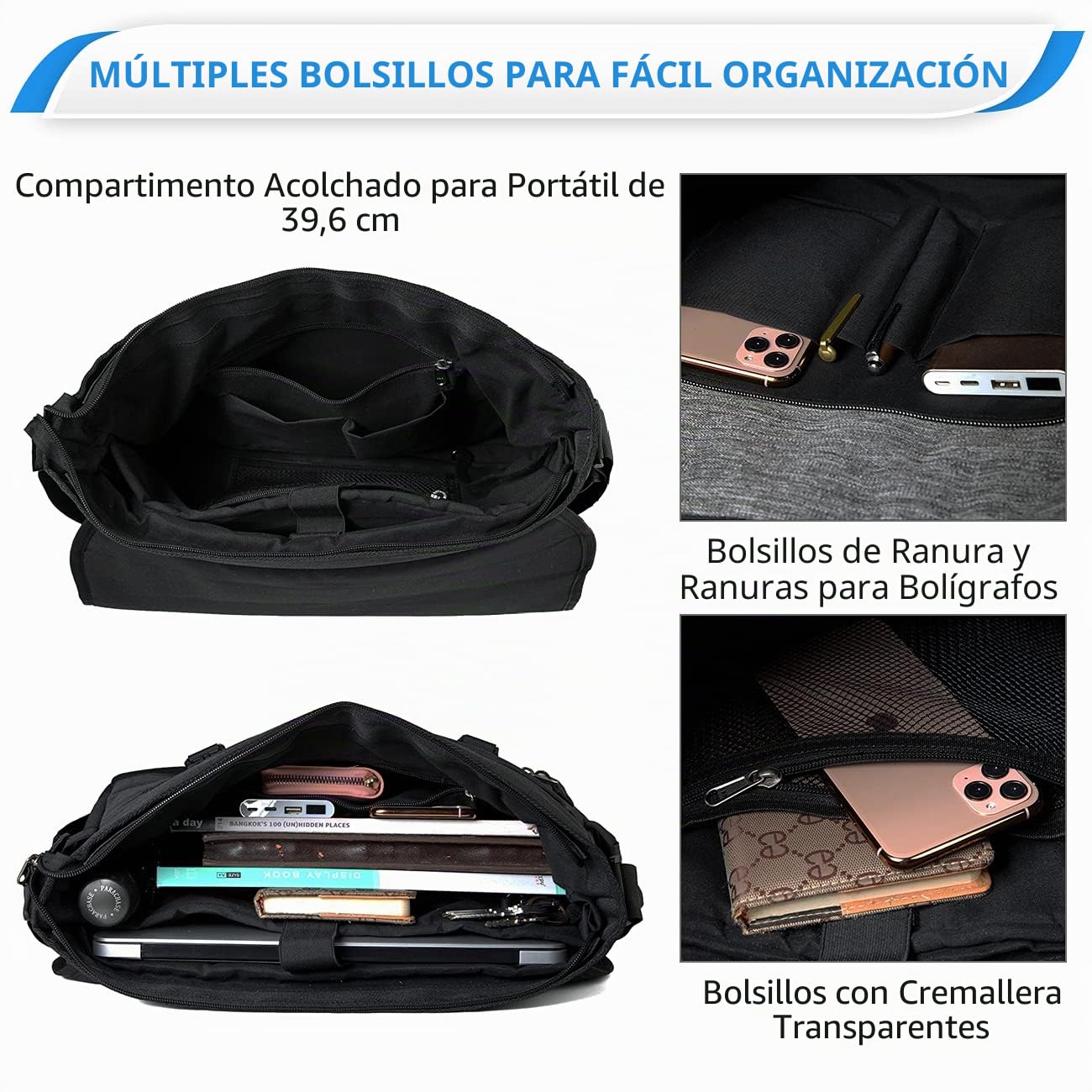 VASCHY Bolso Hombre Bandolera Grande, Bolso Mensajero Hombre Ligero Bolsa Portatil 15,6 Pulgadas Resistente al Agua con Compartimiento Laptop para Trabajo Negocio Viaje, Negro-15,6
