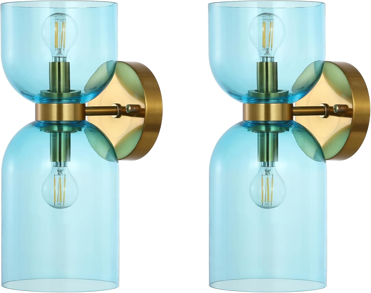 SAFAVIEH Lighting Collection Solyn Blue Glass Shade/Brass Wall Sconce Set of 2 Light Fixture, Ideal for Bathroom, Entryway, Vanity, Foyer, Hallway, Living Room (LED Bulbs Included)