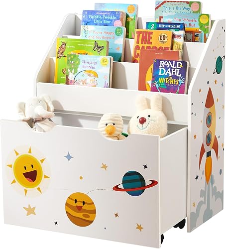 SONGMICS Estantería de Juguetes con 3 Compartimentos, Librería Infantil, Caja de Juguetes Móvil, con Ruedas, Multifuncional, para Habitación de los Niños y Sala de Juegos, Blanco GKR41WT