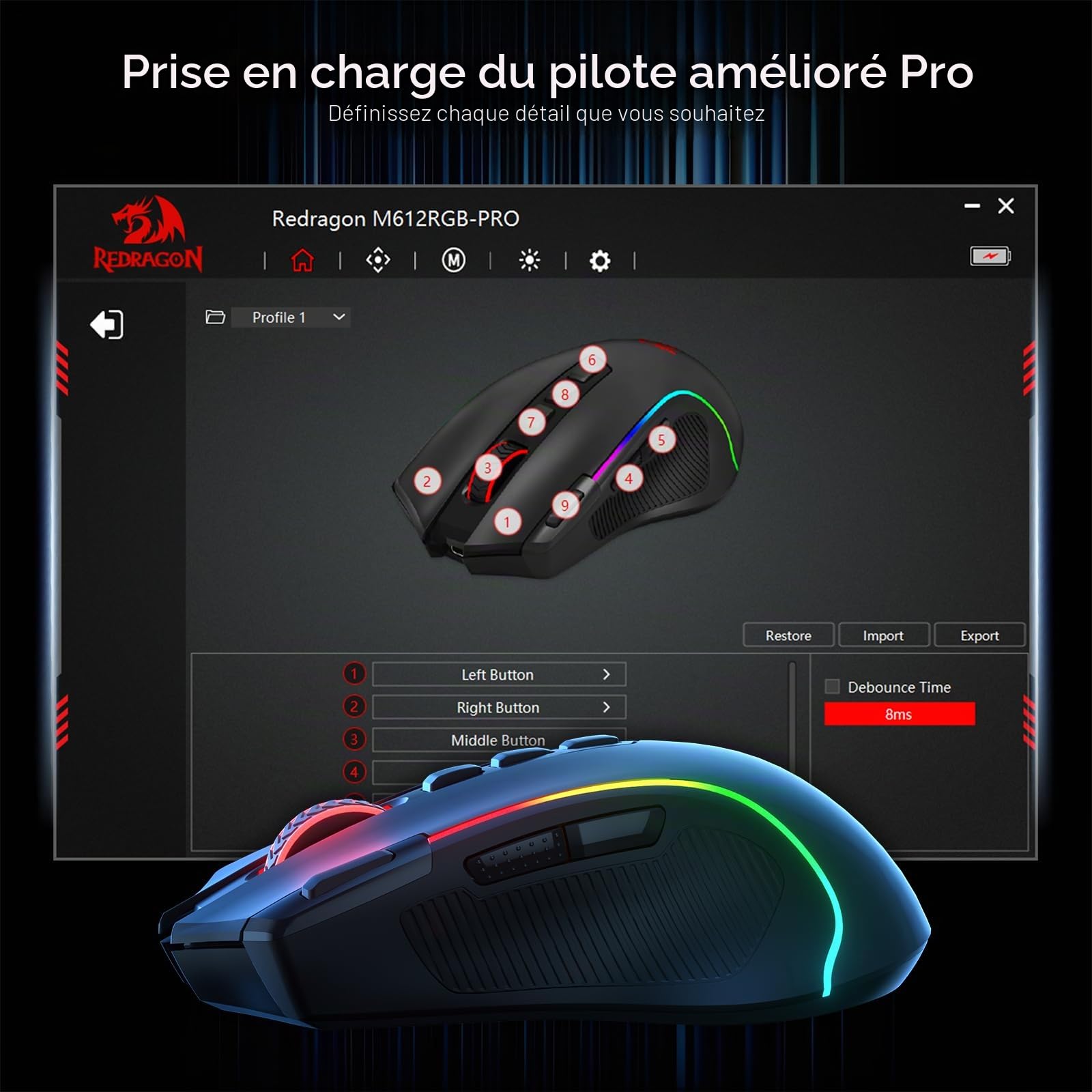 Redragon M612 Pro Souris sans Fil 8000 DPI 9 Boutons BT/2.4G