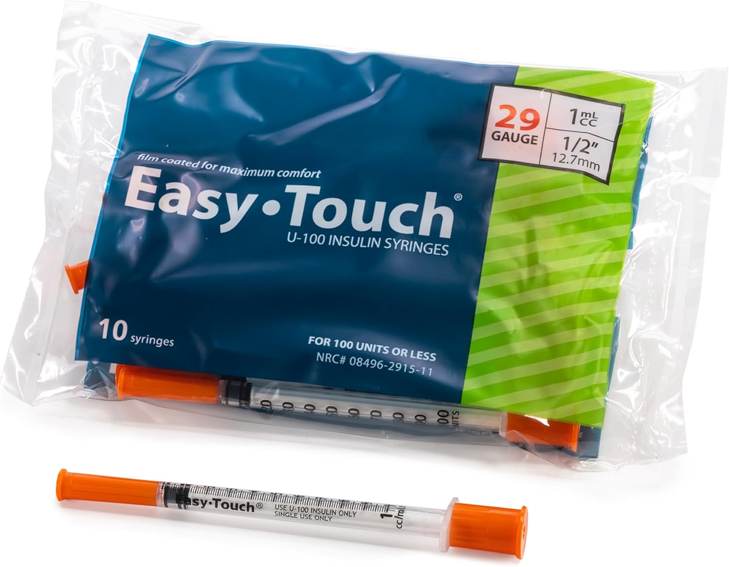 Easy Touch 29 Gauge U-100 Insulin Syringes (29G 1cc 1/2”) with 1/2” Long Needle, 1cc (100 Unit Capacity), Bold Markings for Accurate Dosing, Disposable, Box of 100