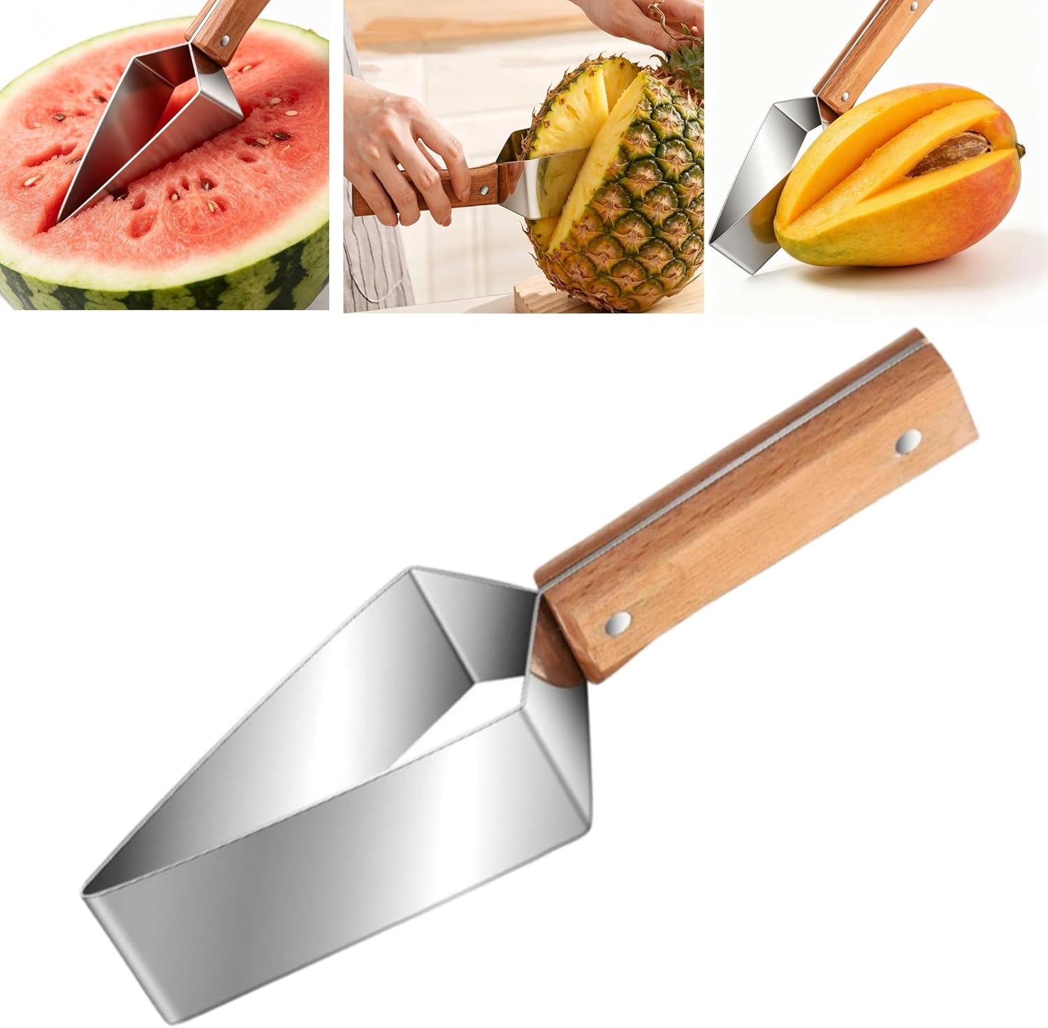 Triangle Watermelon Cutter, Wooden Handle & Stainless Steel Melon Slicer, Fruit Cutter Slicer for Home Kitchen Camping Picnic (1 Pcs)
