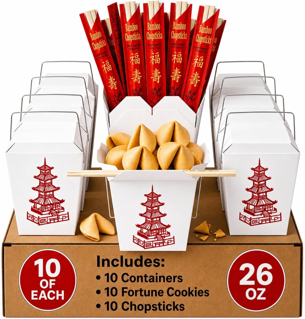 26 Oz Disposable Chinese Food Containers | 10 Pack | with Bamboo Chopsticks & Fortune Cookies | Choose 10, 20, or 30 Count | Leakproof Oyster Pails for Takeout & Meal Prep